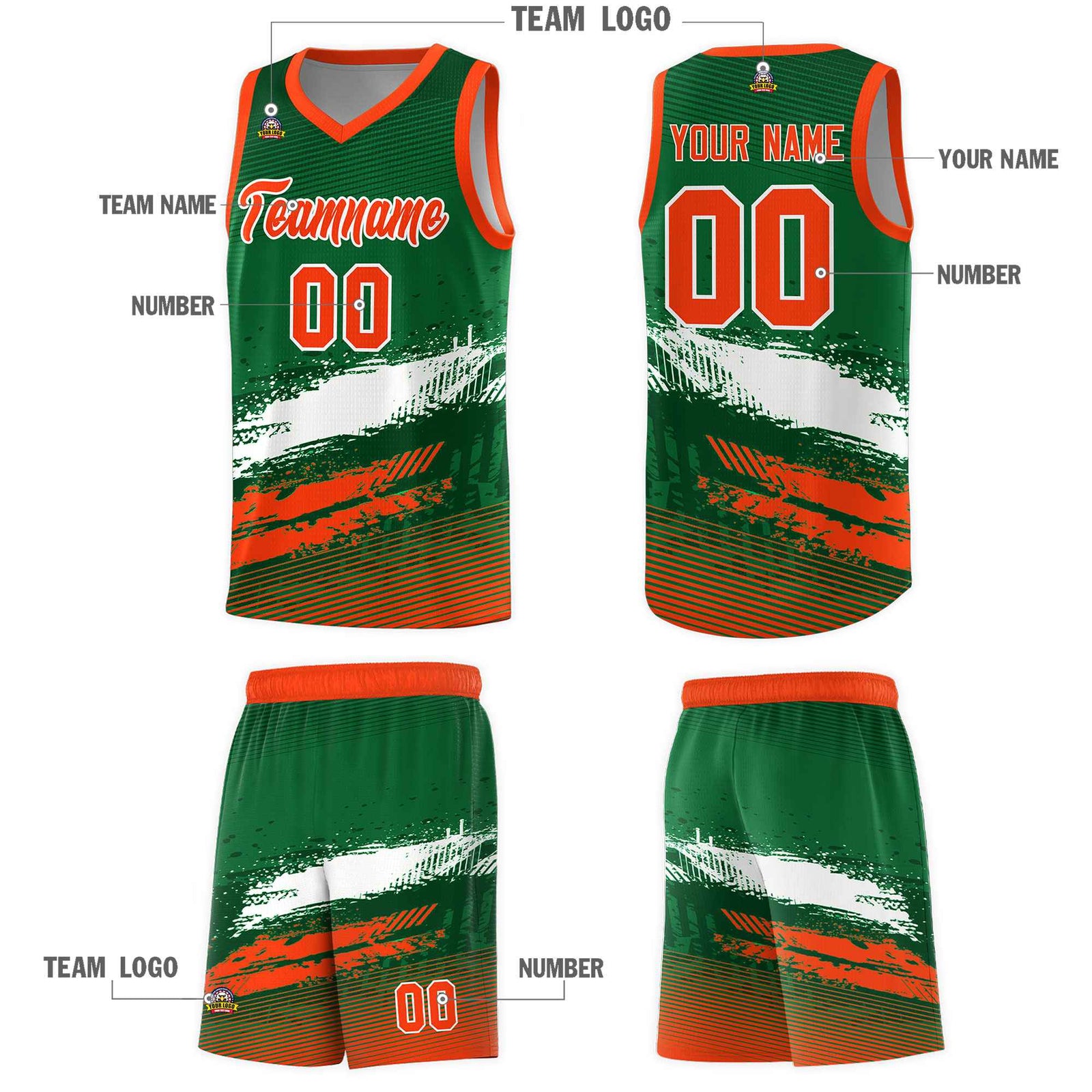 Custom Kelly Green White and Orange Graffiti Pattern Sports Uniform Basketball Jersey