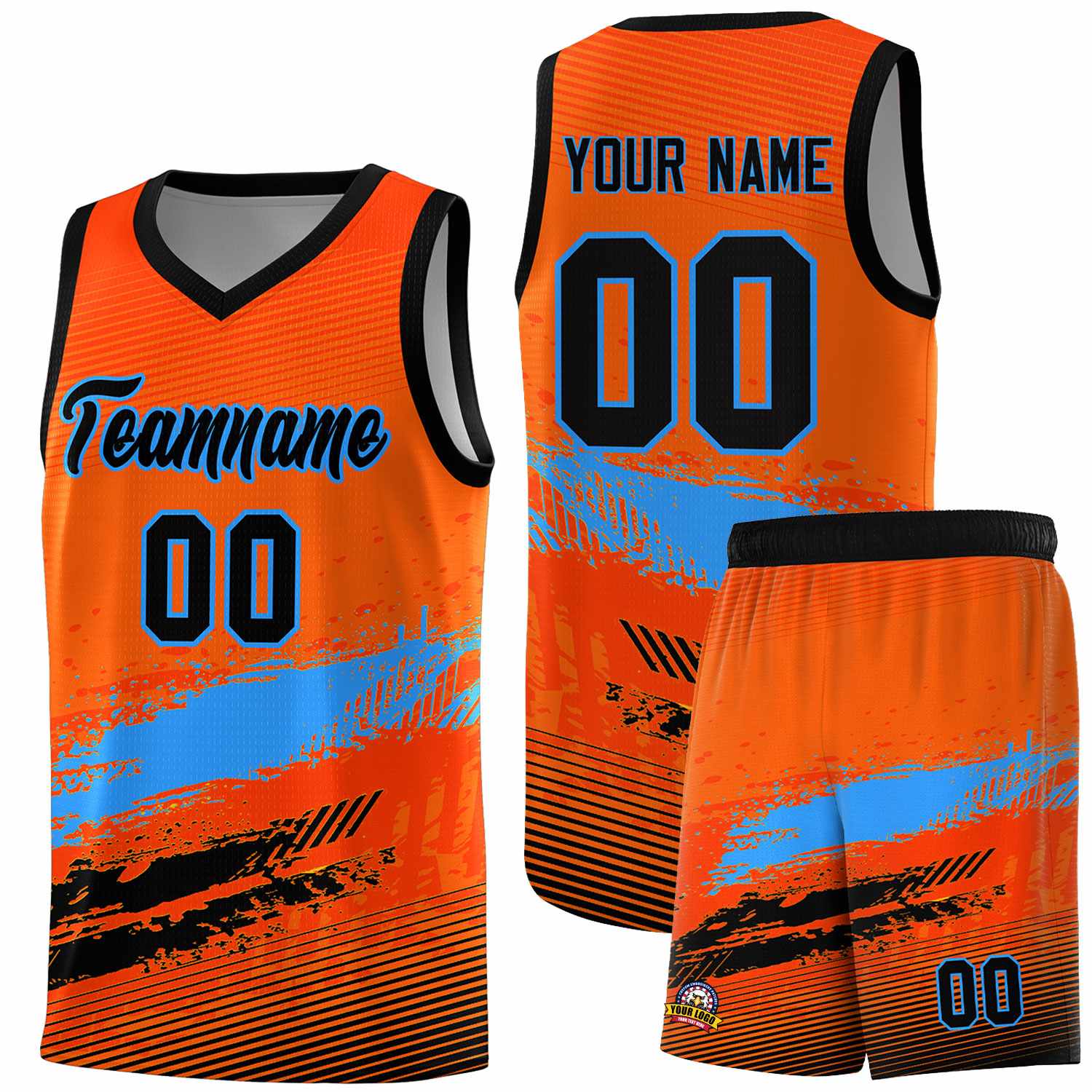 Custom Orange Powder Blue and Black Graffiti Pattern Sports Uniform Basketball Jersey