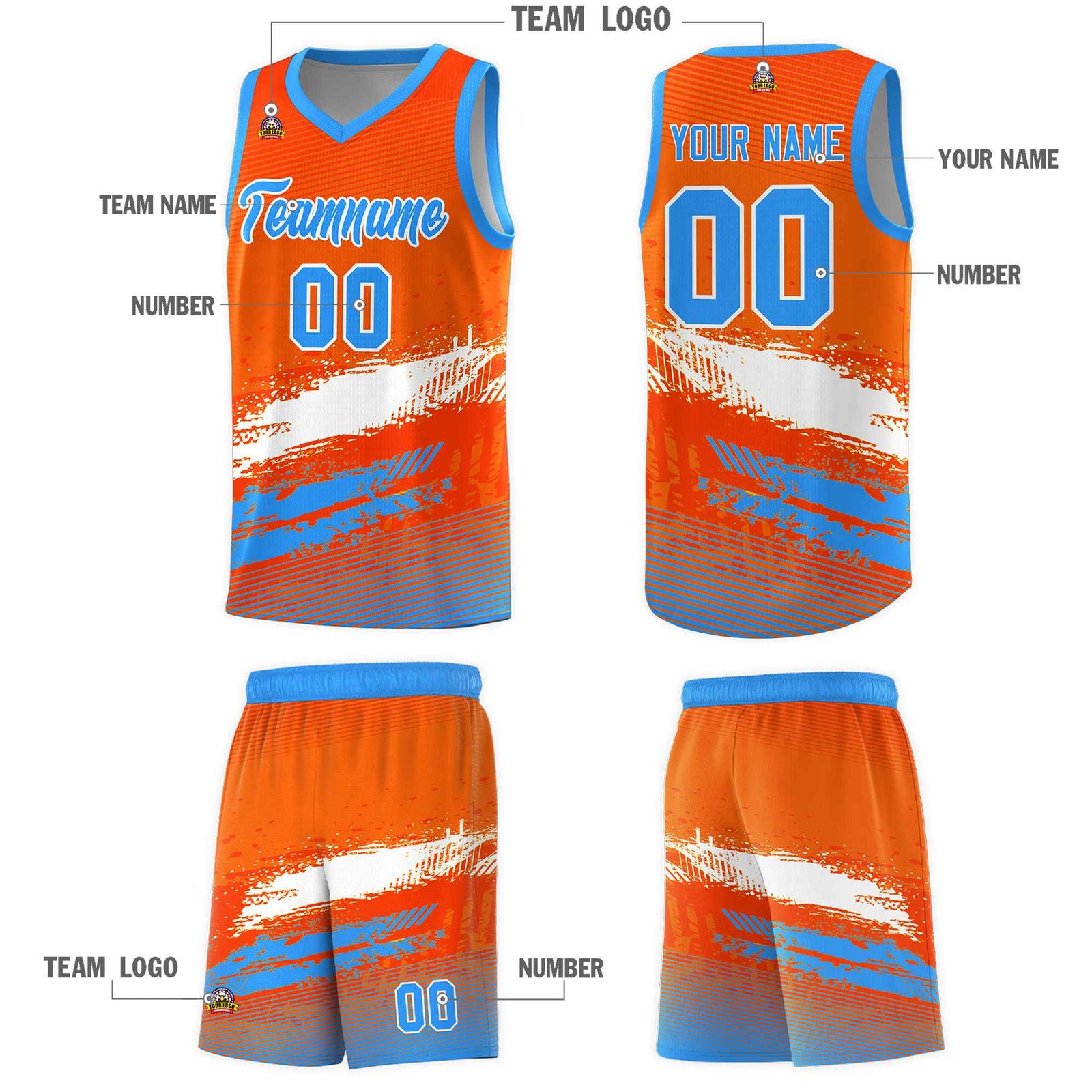 Custom Orange White and Powder Blue Graffiti Pattern Sports Uniform Basketball Jersey