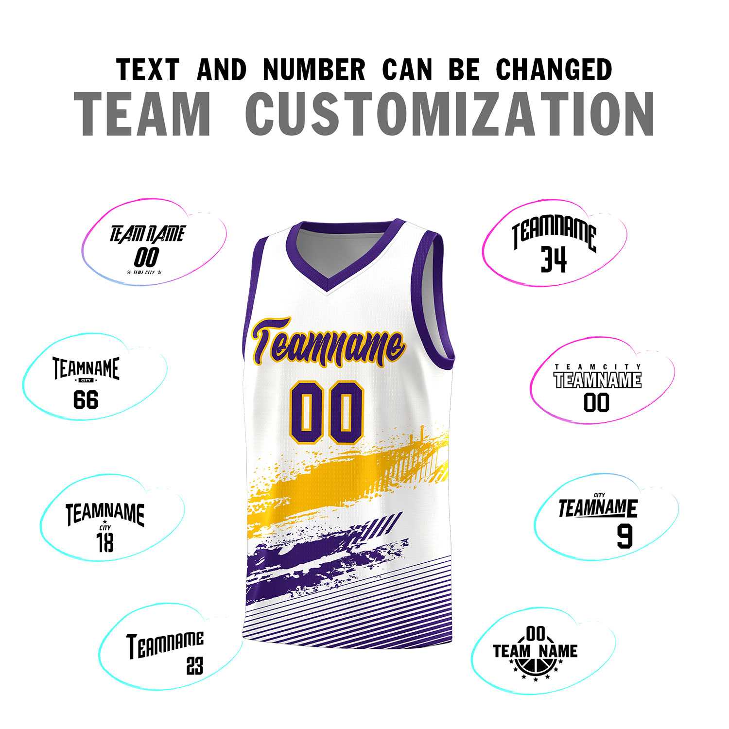 Custom White Yellow and Purple Graffiti Pattern Sports Uniform Basketball Jersey