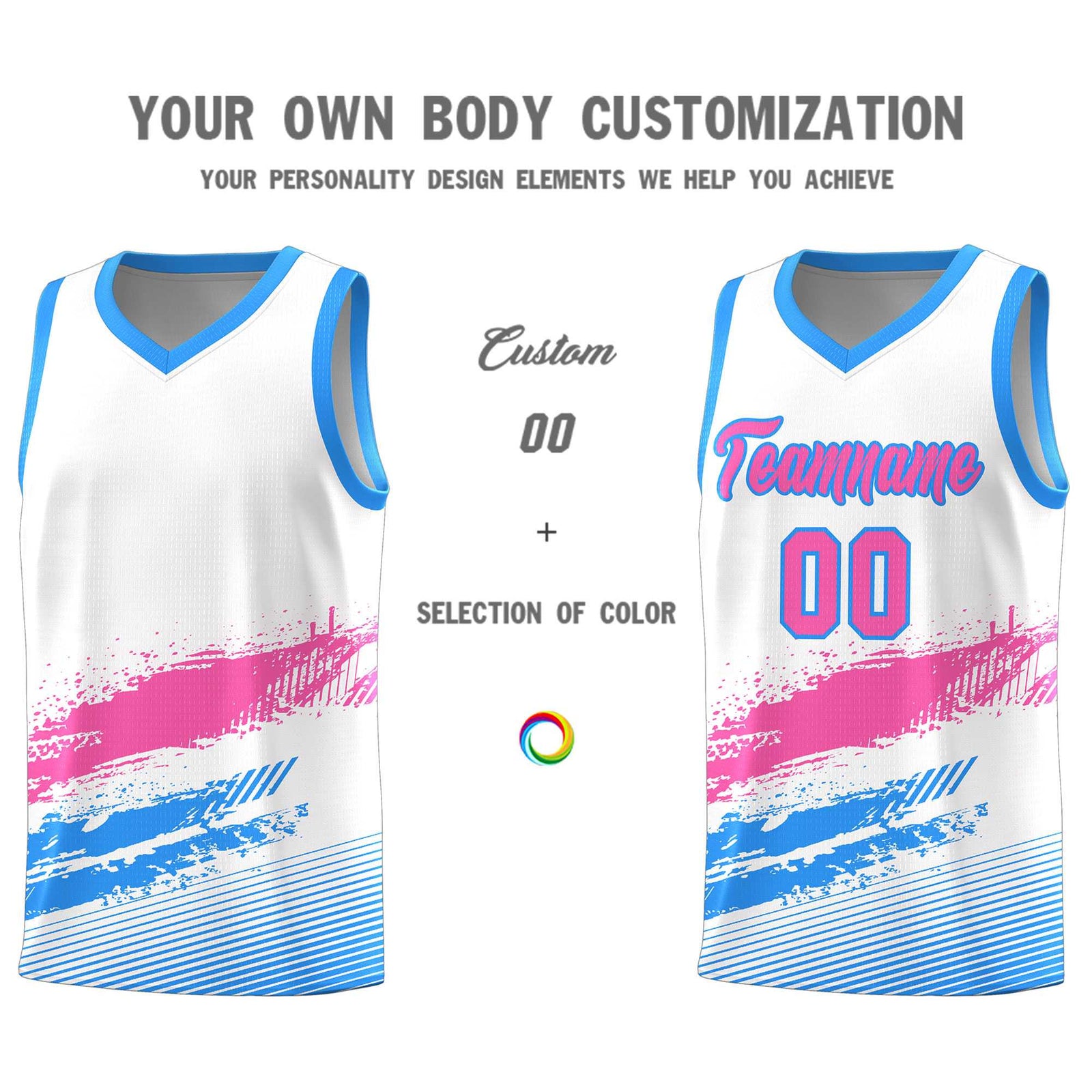 Custom White Pink and Powder Blue Graffiti Pattern Sports Uniform Basketball Jersey