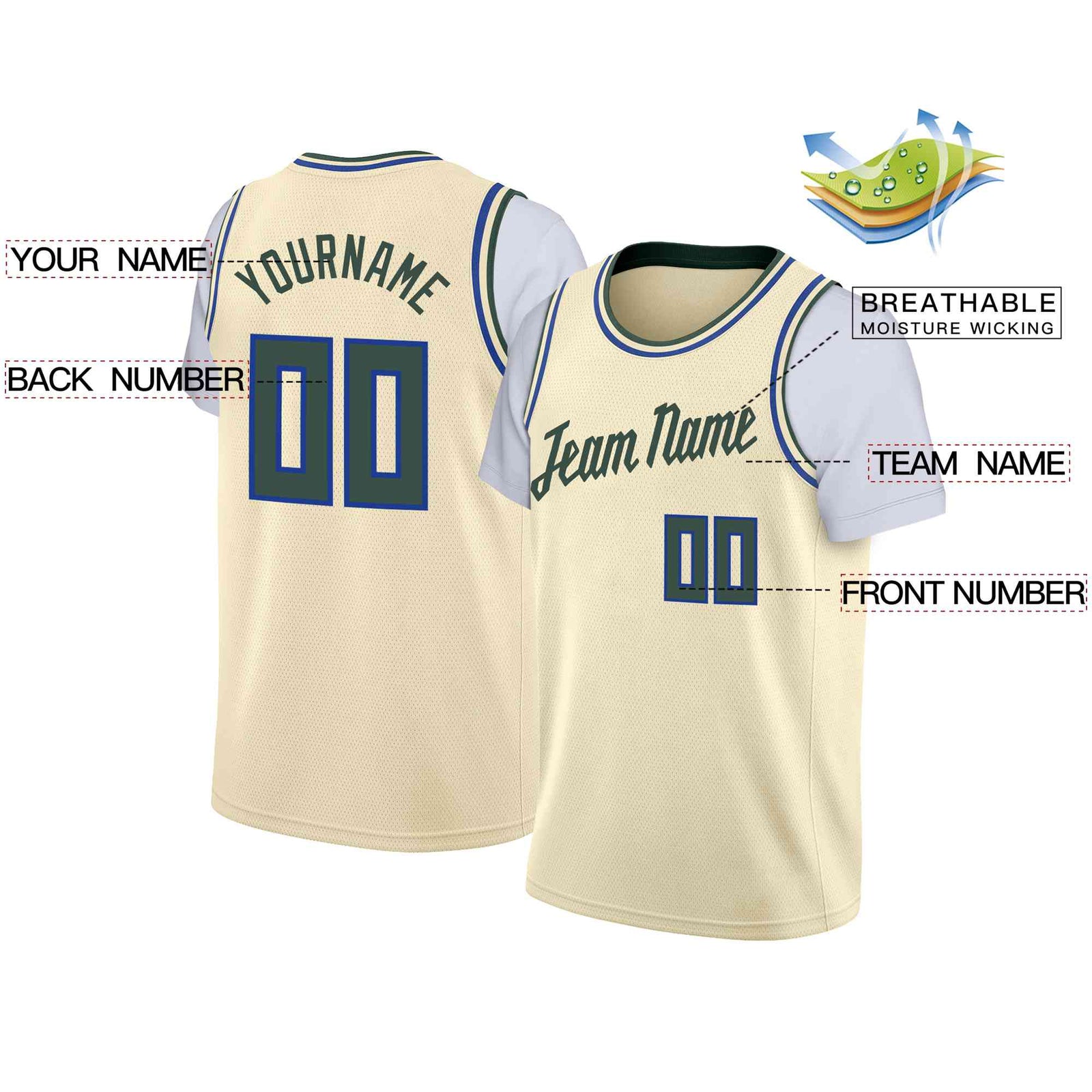 Custom Cream Hunter Green Classic Tops Casual Fake Sleeve Basketball Jersey