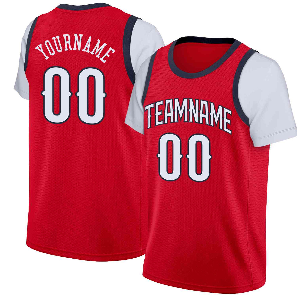 Custom Red White-Navy Classic Tops Casual Fake Sleeve Basketball Jersey