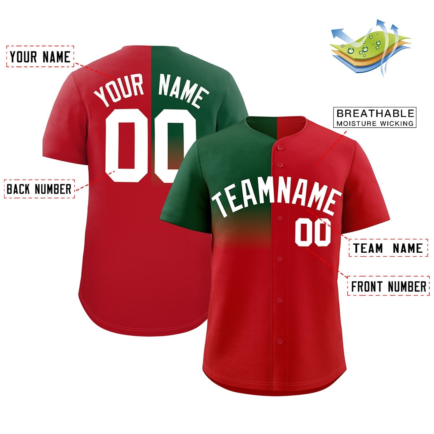Custom Red Green Personalized Half Gradient Design Authentic Baseball Jersey