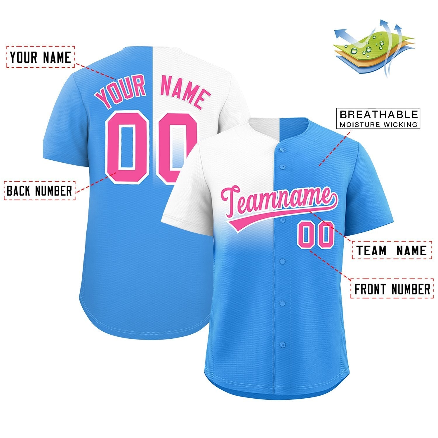 Custom Powder Blue White Personalized Half Gradient Design Authentic Baseball Jersey