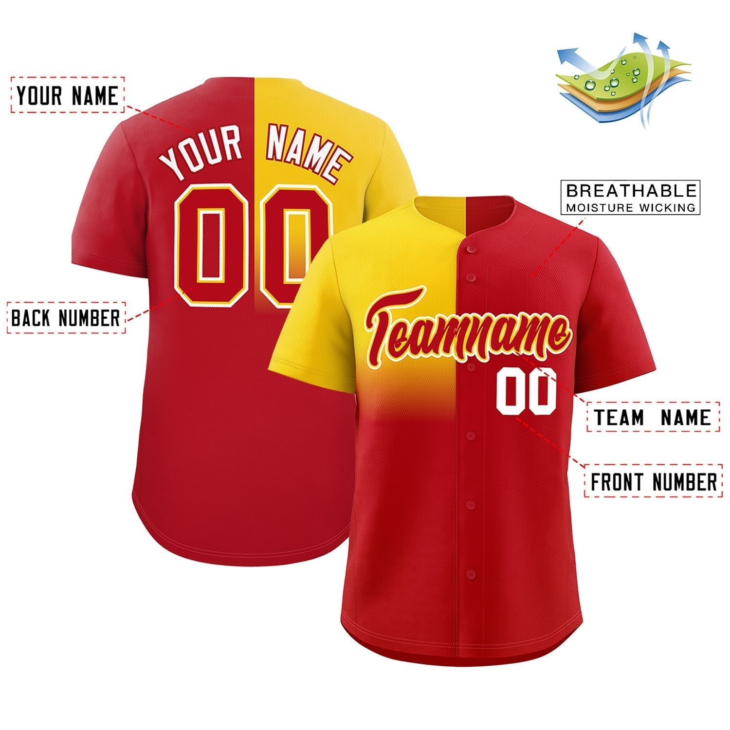Custom Red Gold Personalized Half Gradient Design Authentic Baseball Jersey
