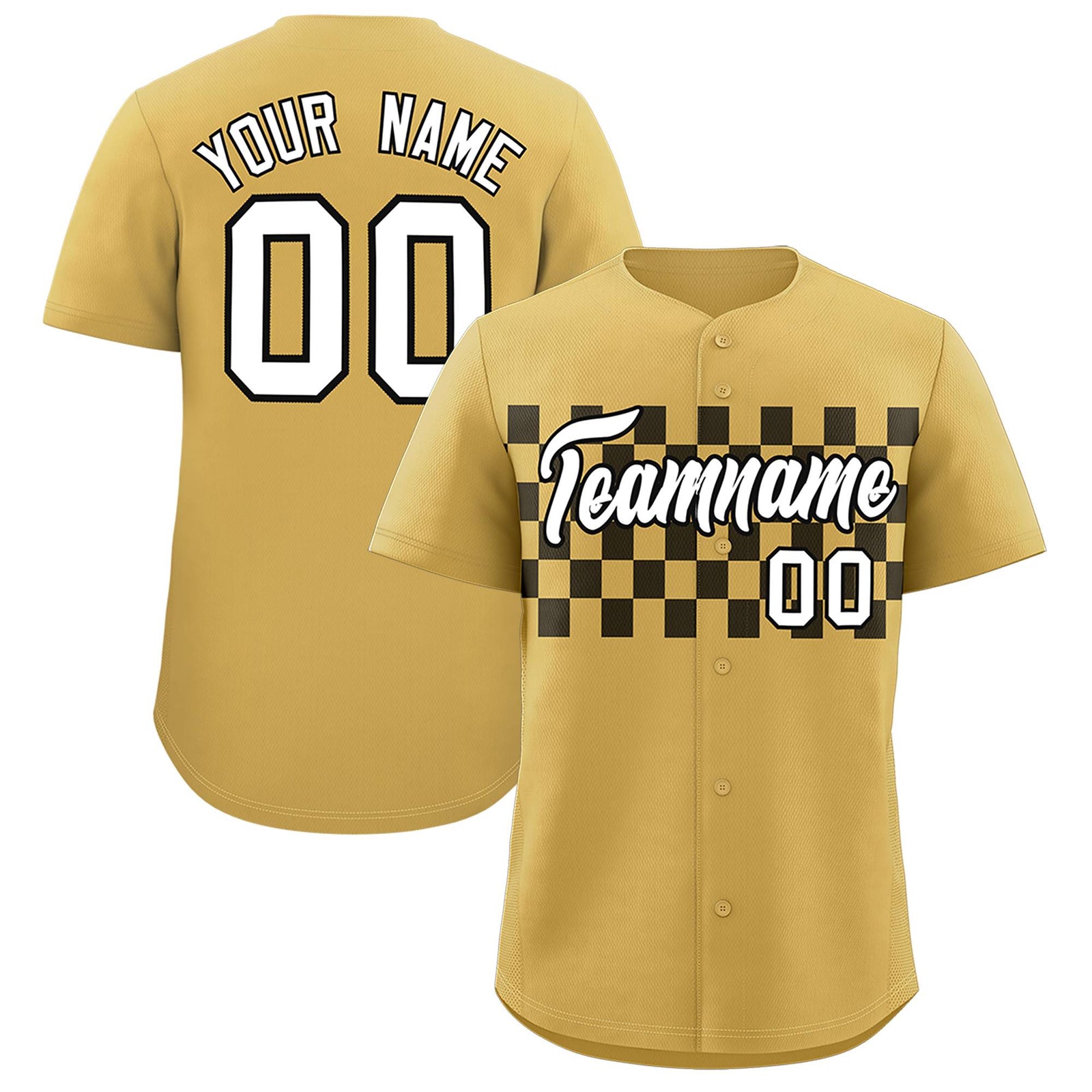 Custom Old Gold Black Personalized Plaid Fashion Design Authentic Baseball Jersey