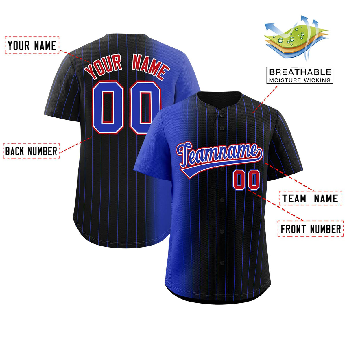 Custom Black Royal Pinstripe Personalized Gradient Authentic Baseball Jersey