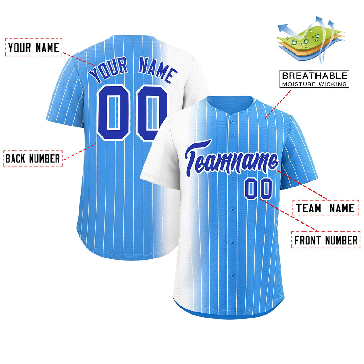 Custom Powder Blue White Pinstripe Personalized Gradient Authentic Baseball Jersey