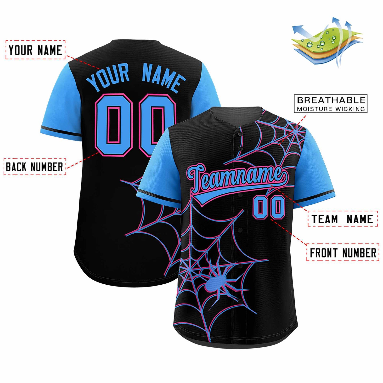 Custom Black-Powder Blue Spider Web Pattern Raglan Sleeves Authentic Baseball Jersey