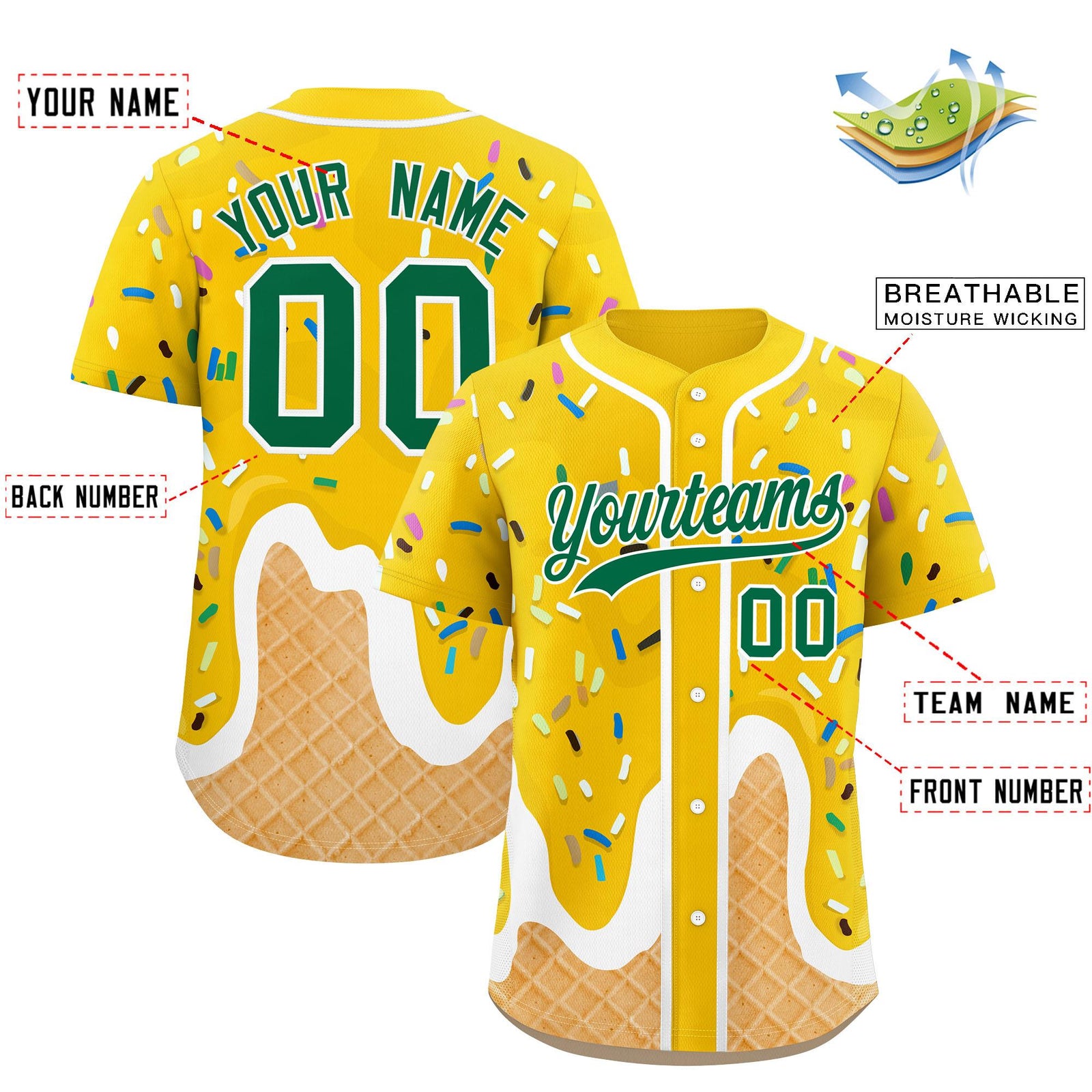 Custom Gold Ice Cream Cone Graffiti Pattern Fashion Authentic Baseball Jersey