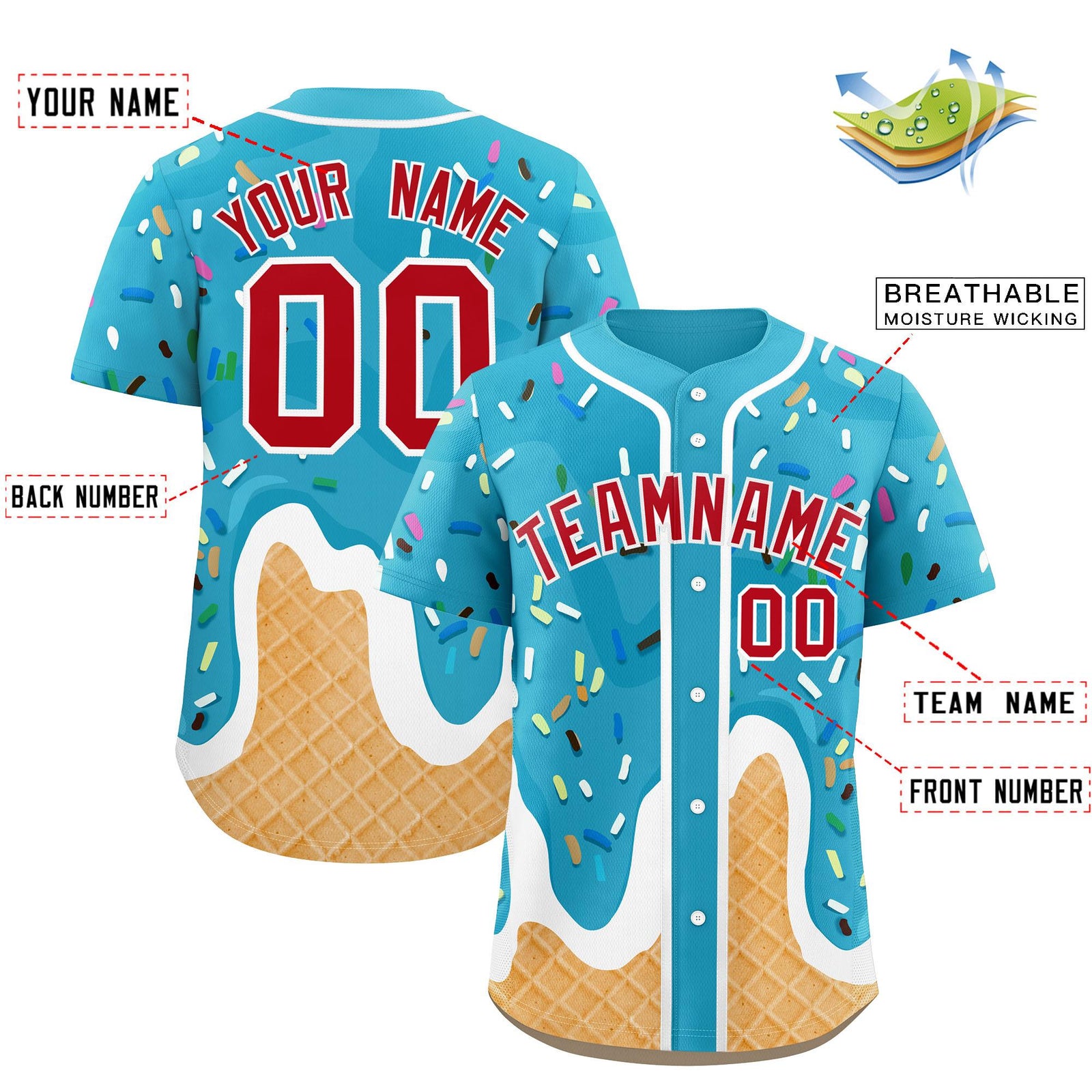 Custom Sky Blue Ice Cream Cone Graffiti Pattern Fashion Authentic Baseball Jersey