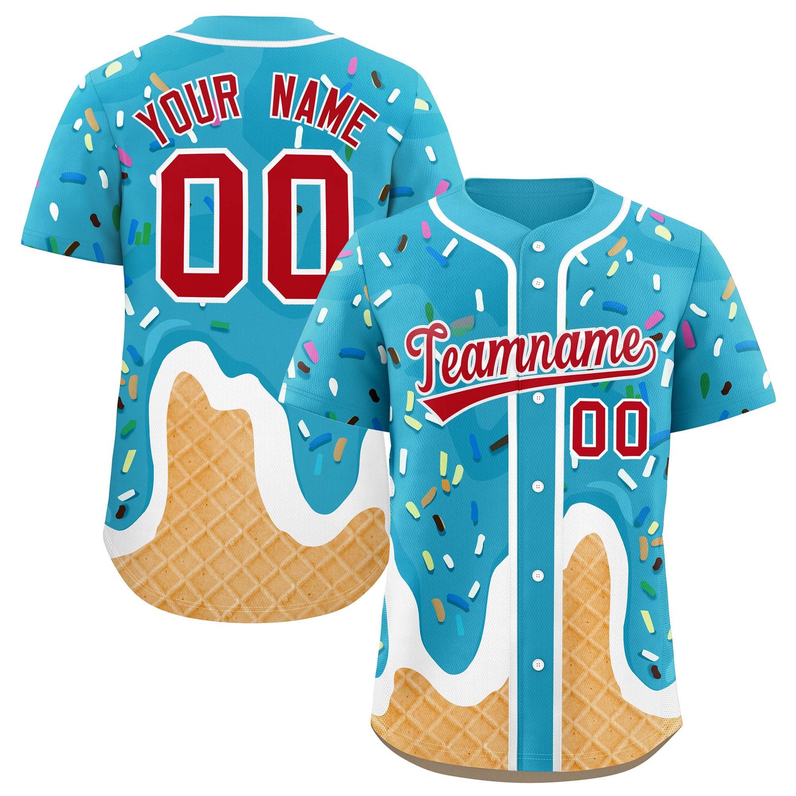 Custom Sky Blue Ice Cream Cone Graffiti Pattern Fashion Authentic Baseball Jersey