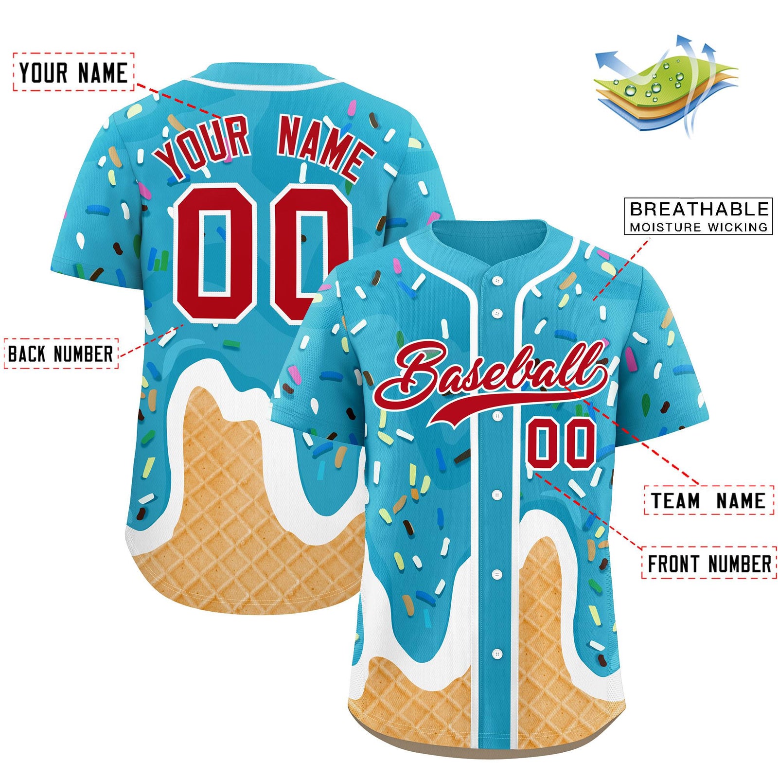 Custom Sky Blue Ice Cream Cone Graffiti Pattern Fashion Authentic Baseball Jersey