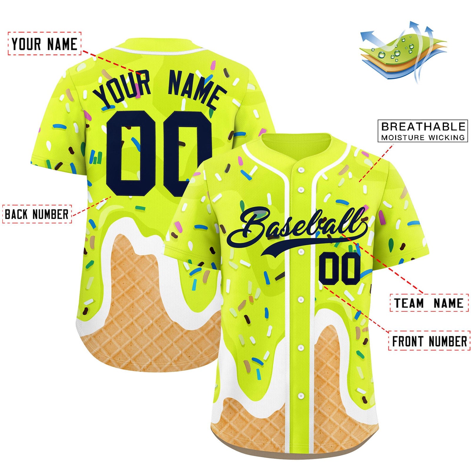 Custom Fluorescent Green Ice Cream Cone Graffiti Pattern Fashion Authentic Baseball Jersey