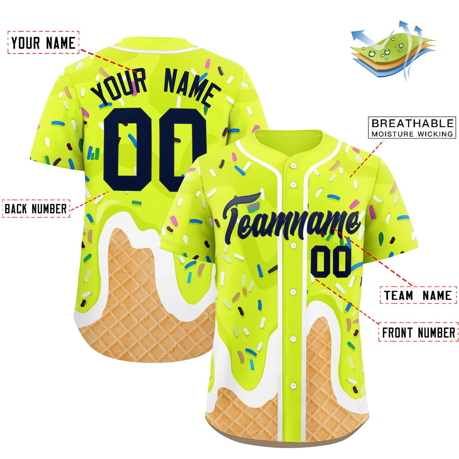 Custom Fluorescent Green Ice Cream Cone Graffiti Pattern Fashion Authentic Baseball Jersey