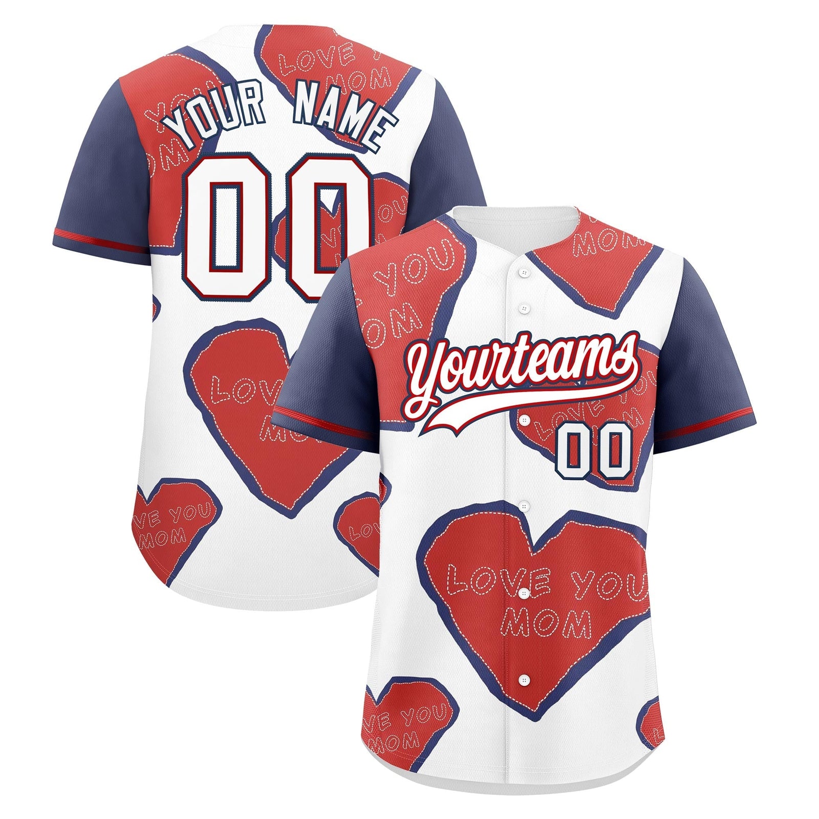 Custom White Red Midnight Blue Mother's Day Style Graffiti Pattern Stretch Fabric Baseball Jersey| KXKSHOP