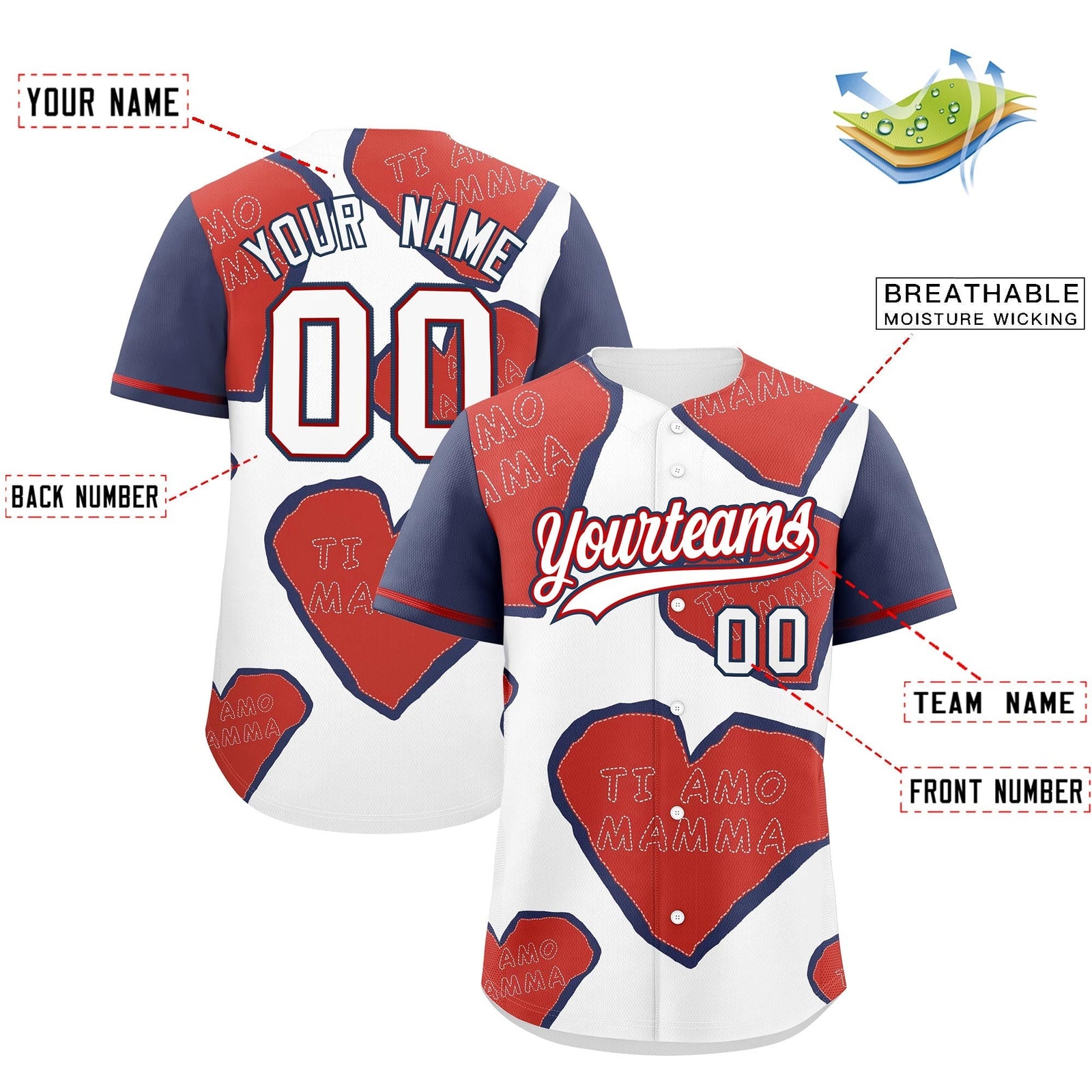 Custom White Red Midnight Blue Mother's Day Style Graffiti Pattern Moisture-Wicking Baseball Jersey| KXKSHOP