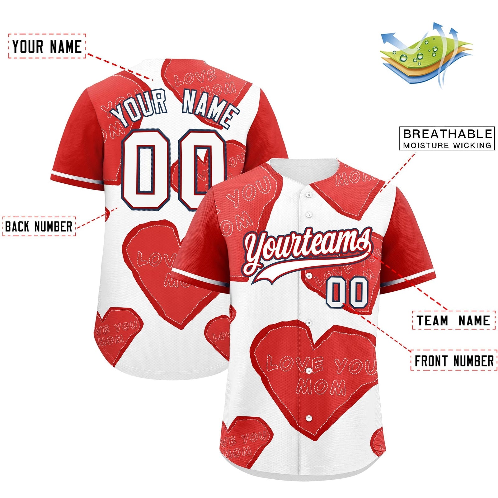 Custom White Red Mother's Day Style Graffiti Pattern Stretch Fabric Baseball Jersey| KXKSHOP
