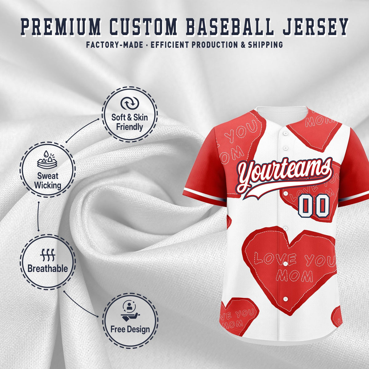 Custom White Red Mother's Day Style Graffiti Pattern Stretch Fabric Baseball Jersey| KXKSHOP