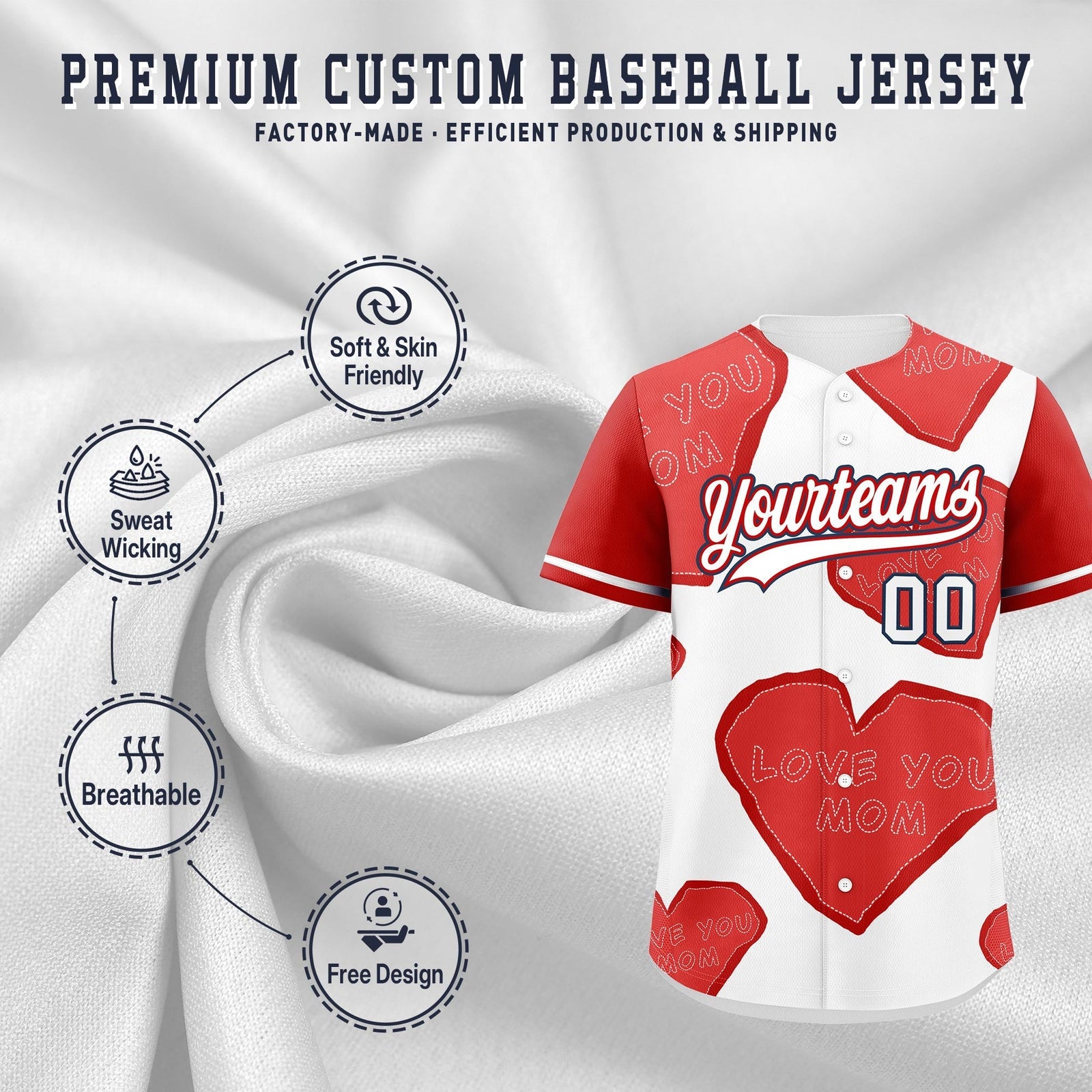 Custom White Red Mother's Day Style Graffiti Pattern Stretch Fabric Baseball Jersey| KXKSHOP