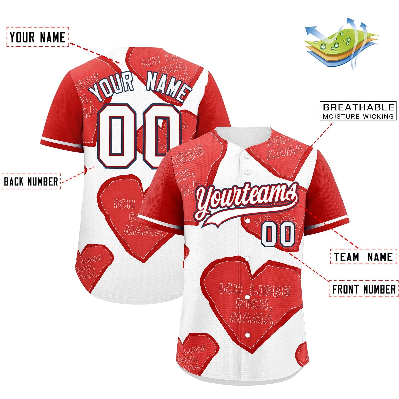 Custom White Red Mother's Day Style Graffiti Pattern Stretch Fabric Baseball Jersey| KXKSHOP