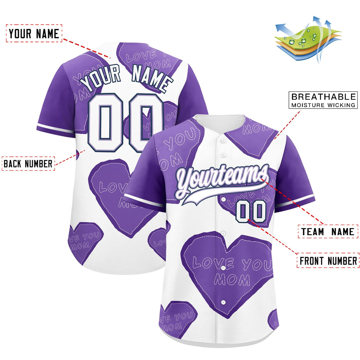 Custom White Midnight Blue Light Purple Mother's Day Style Graffiti Pattern Stretch Fabric Baseball Jersey| KXKSHOP