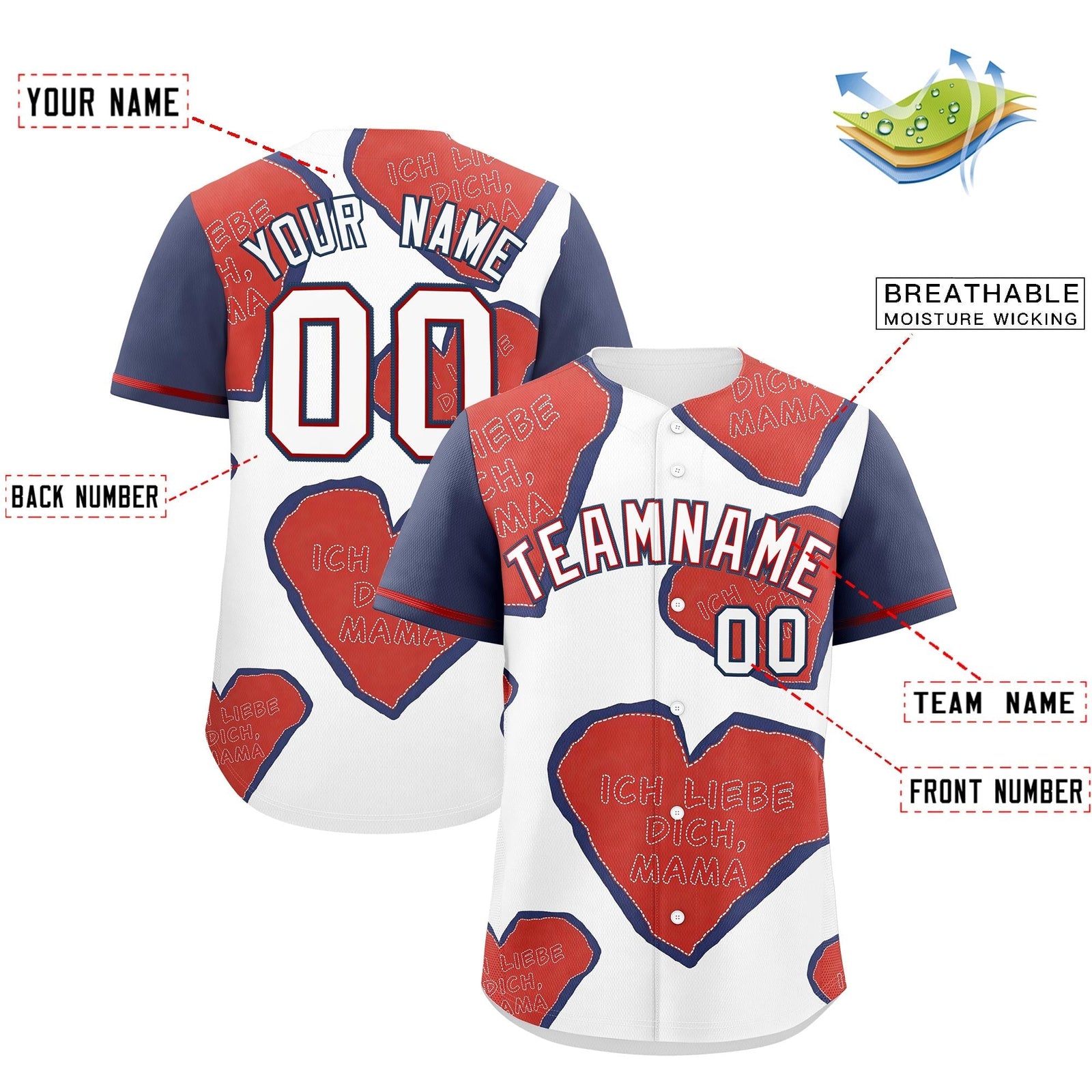 Custom White Red Midnight Blue Mother's Day Style Graffiti Pattern Stretch Fabric Baseball Jersey| KXKSHOP
