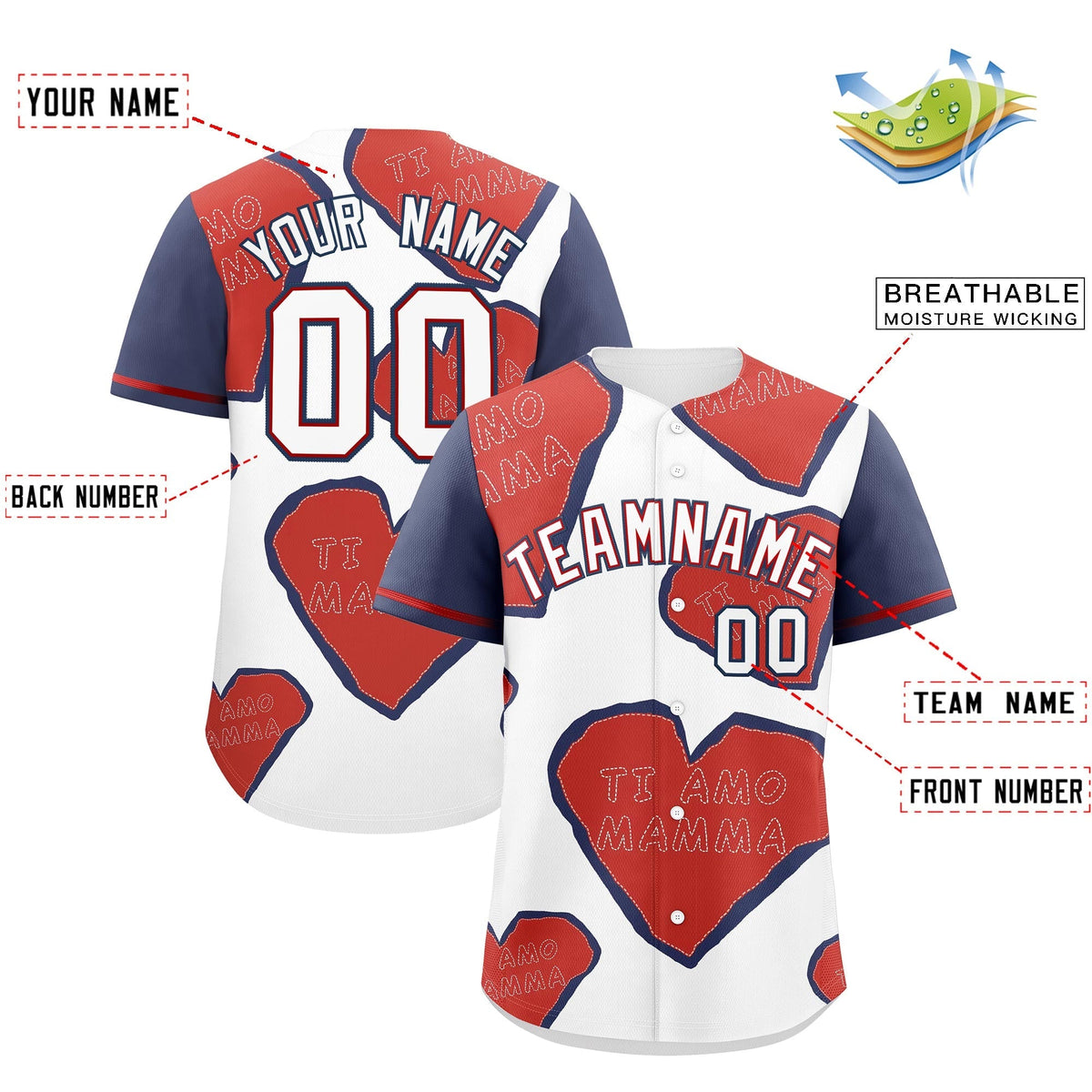 Custom White Red Midnight Blue Mother's Day Style Graffiti Pattern Moisture-Wicking Baseball Jersey| KXKSHOP