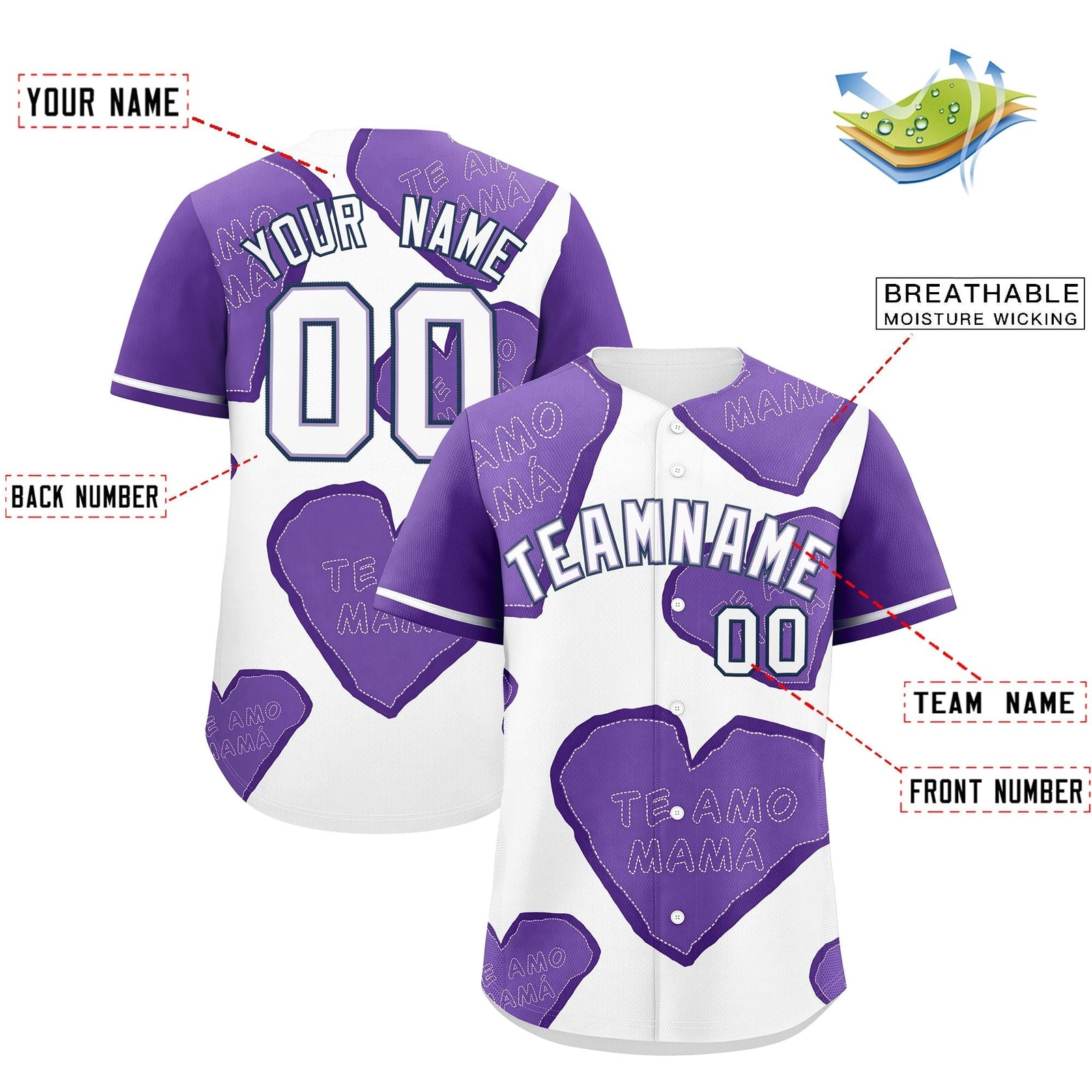 Custom White Light Purple Mother's Day Style Graffiti Pattern Quick Dry Baseball Jersey| KXKSHOP