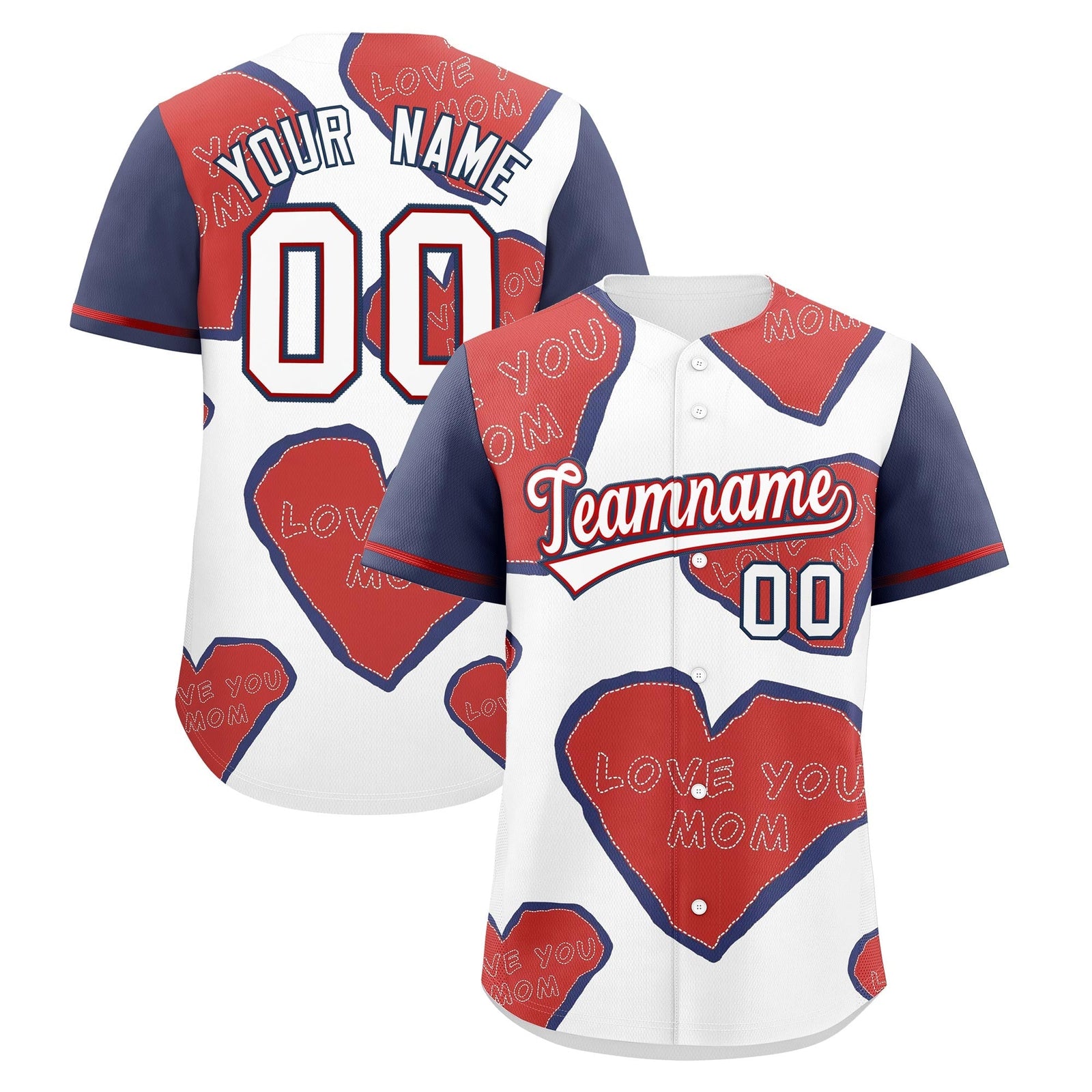 Custom White Red Midnight Blue Mother's Day Style Graffiti Pattern Stretch Fabric Baseball Jersey| KXKSHOP