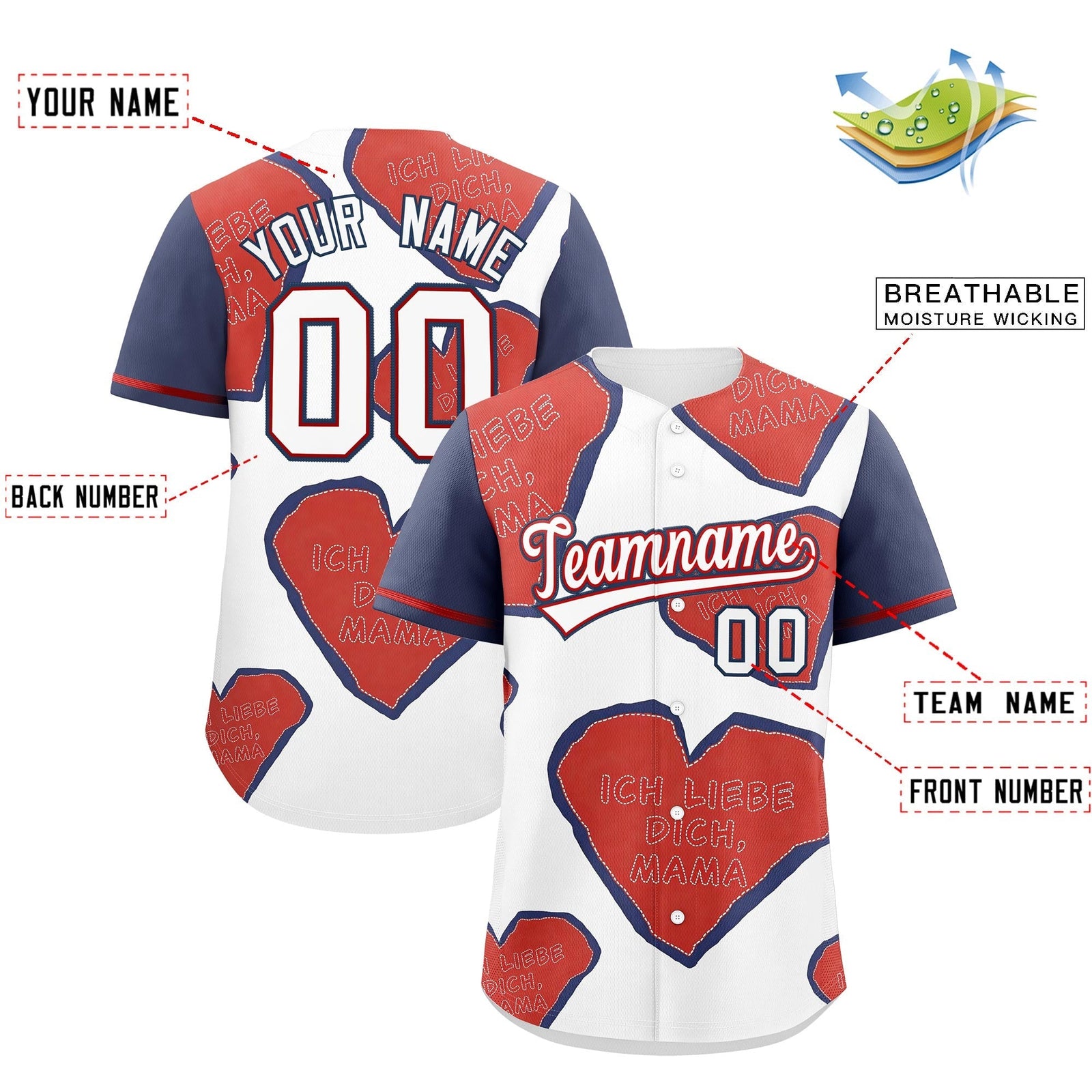 Custom White Red Midnight Blue Mother's Day Style Graffiti Pattern Stretch Fabric Baseball Jersey| KXKSHOP