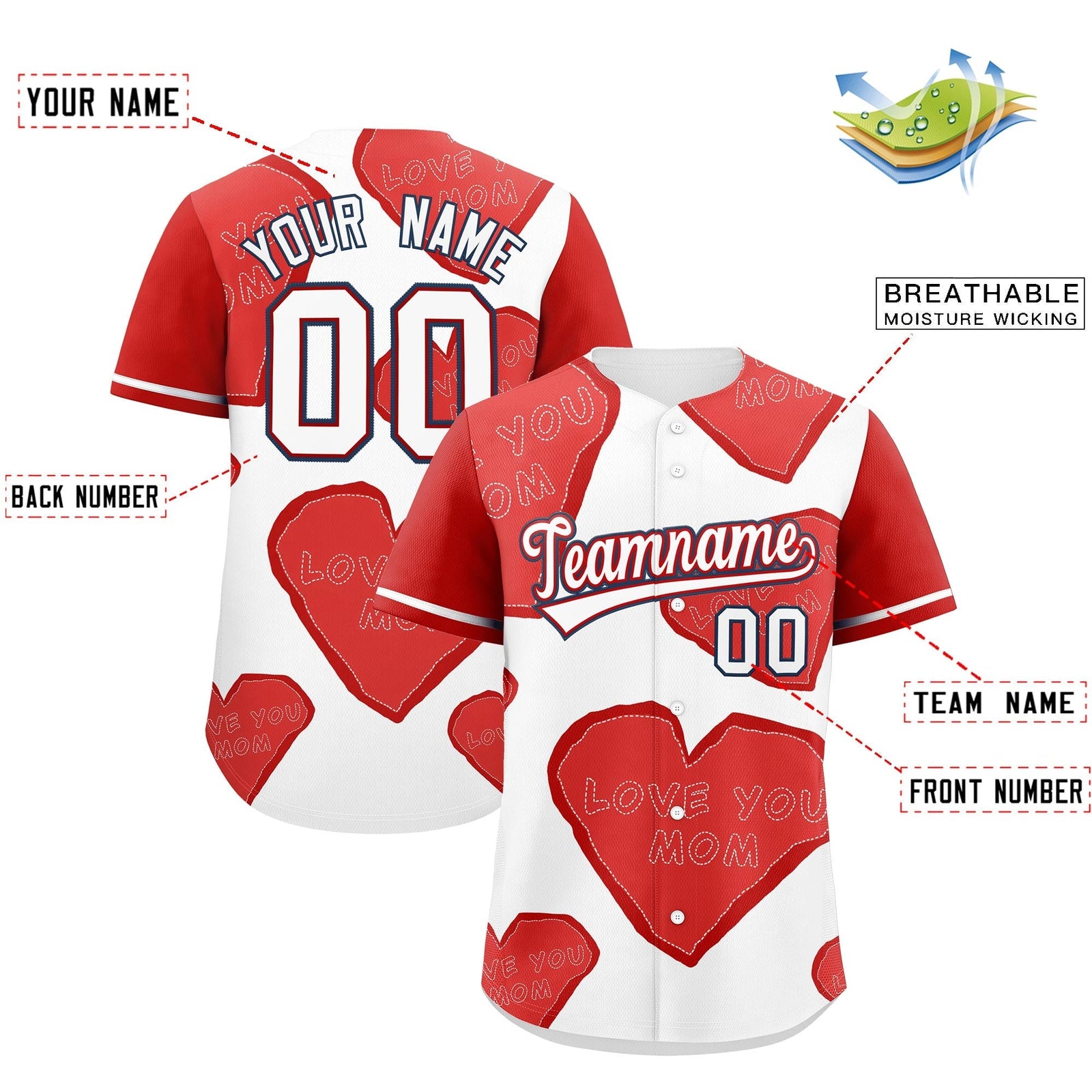 Custom White Red Mother's Day Style Graffiti Pattern Stretch Fabric Baseball Jersey| KXKSHOP