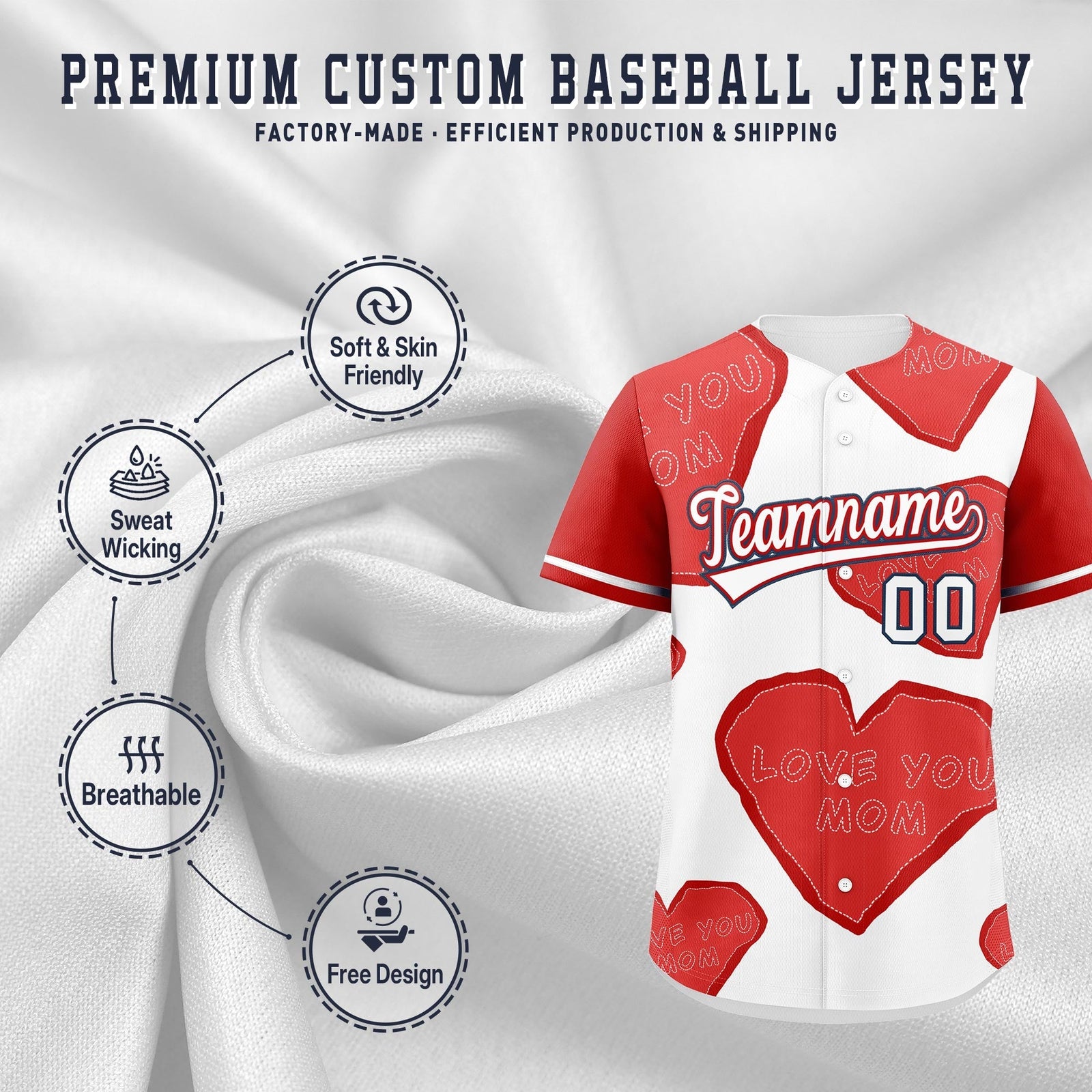 Custom White Red Mother's Day Style Graffiti Pattern Stretch Fabric Baseball Jersey| KXKSHOP