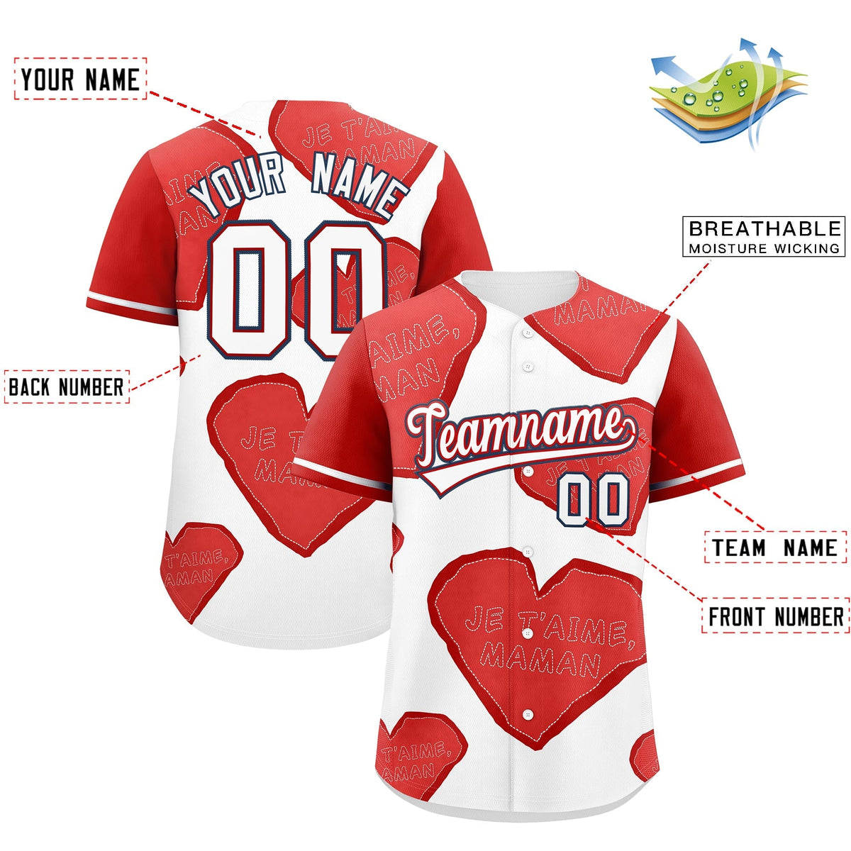 Custom White Red Mother's Day Style Graffiti Pattern Moisture-Wicking Baseball Jersey| KXKSHOP