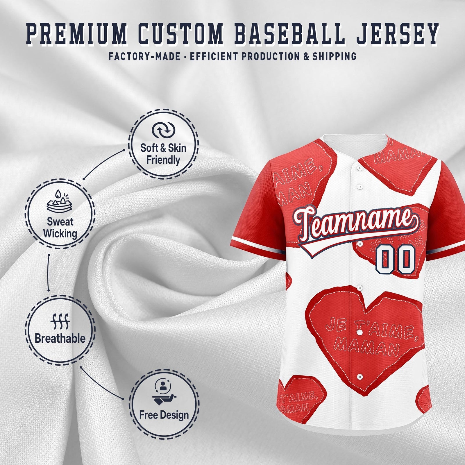 Custom White Red Mother's Day Style Graffiti Pattern Moisture-Wicking Baseball Jersey| KXKSHOP