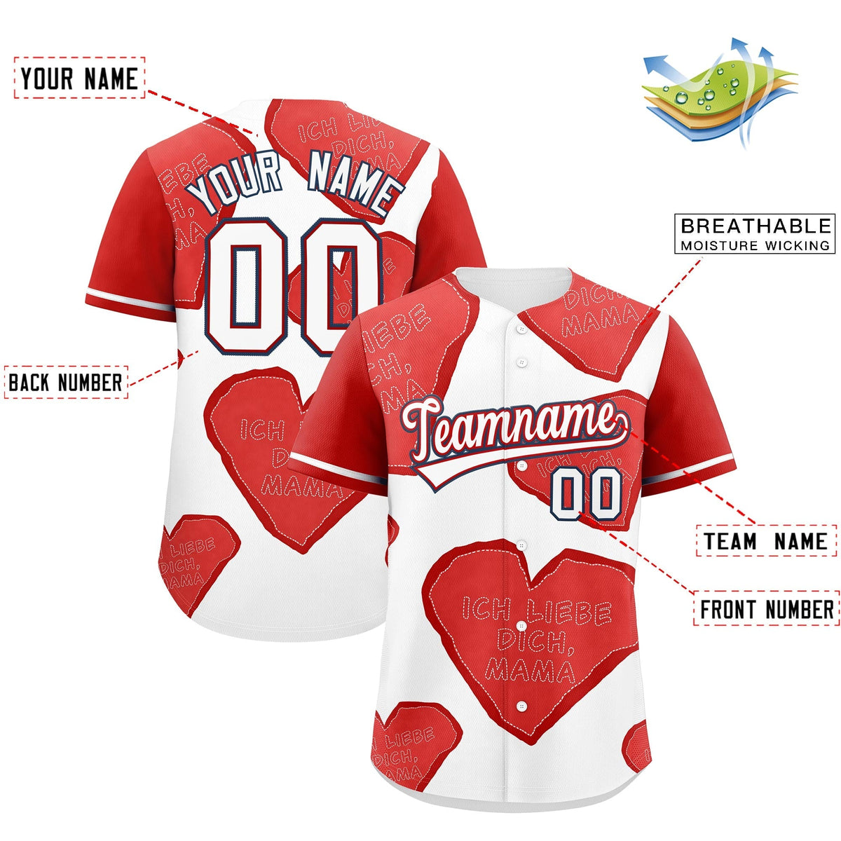 Custom White Red Mother's Day Style Graffiti Pattern Stretch Fabric Baseball Jersey| KXKSHOP