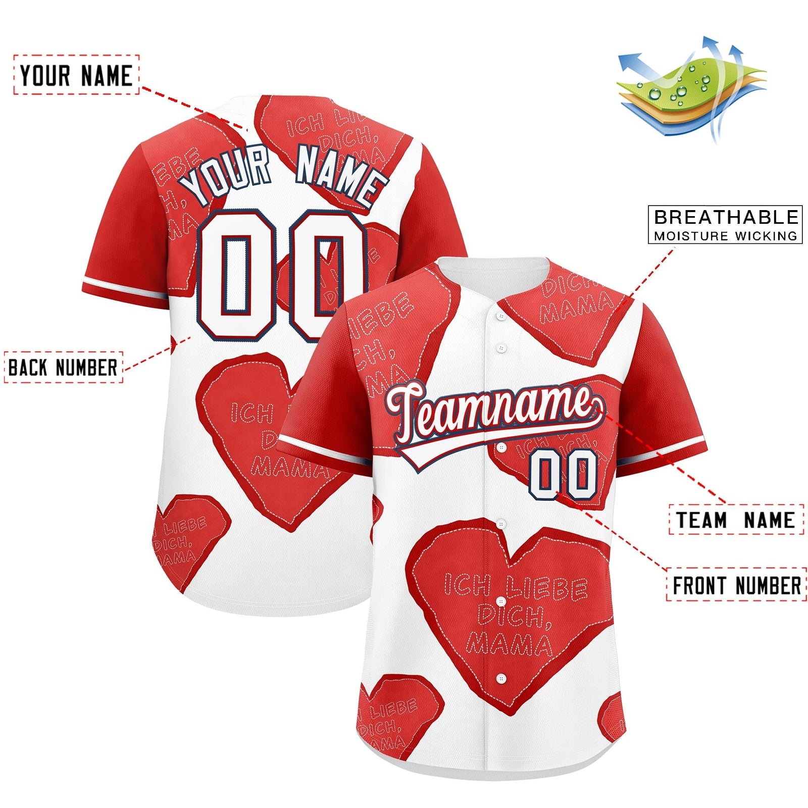 Custom White Red Mother's Day Style Graffiti Pattern Stretch Fabric Baseball Jersey| KXKSHOP