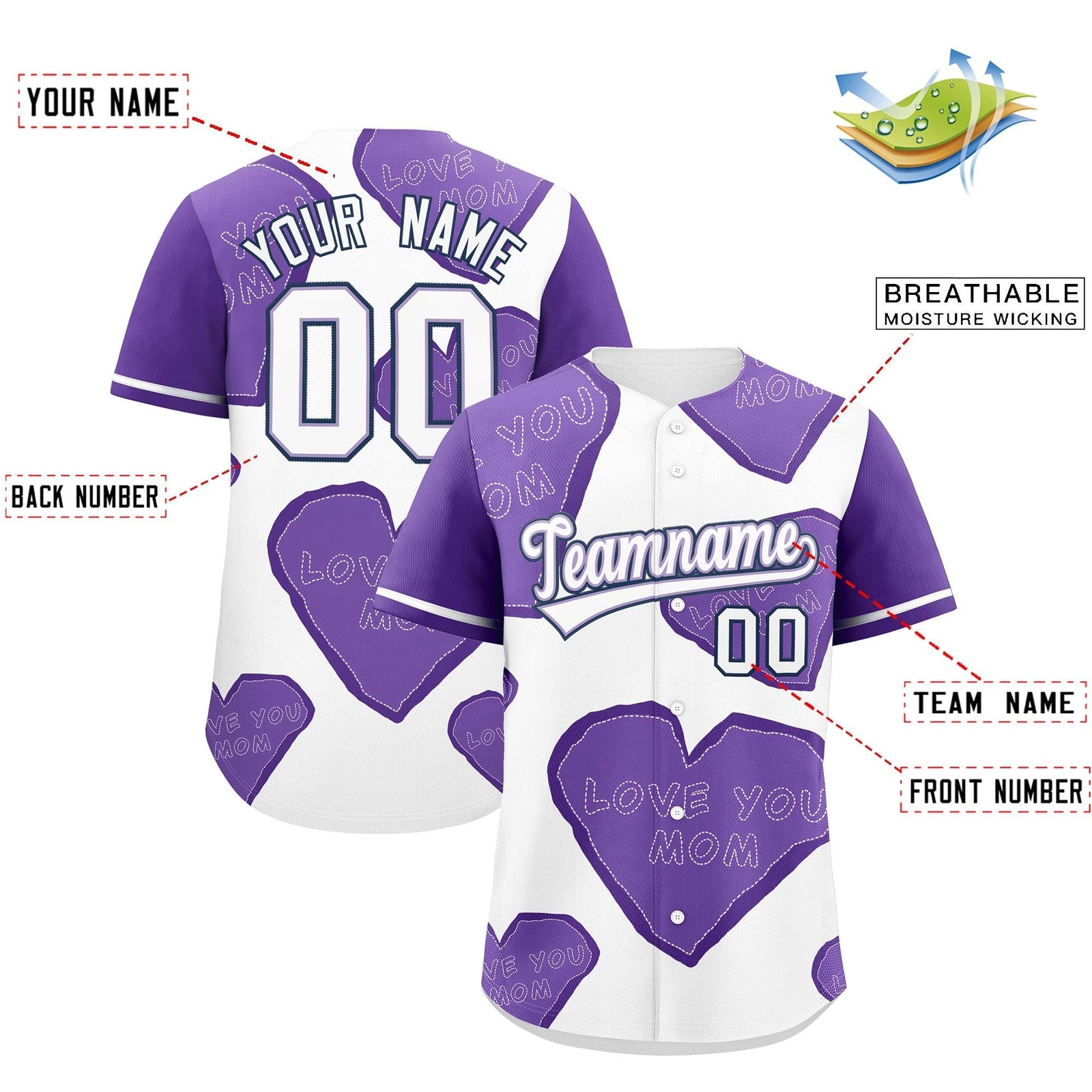 Custom White Midnight Blue Light Purple Mother's Day Style Graffiti Pattern Stretch Fabric Baseball Jersey| KXKSHOP