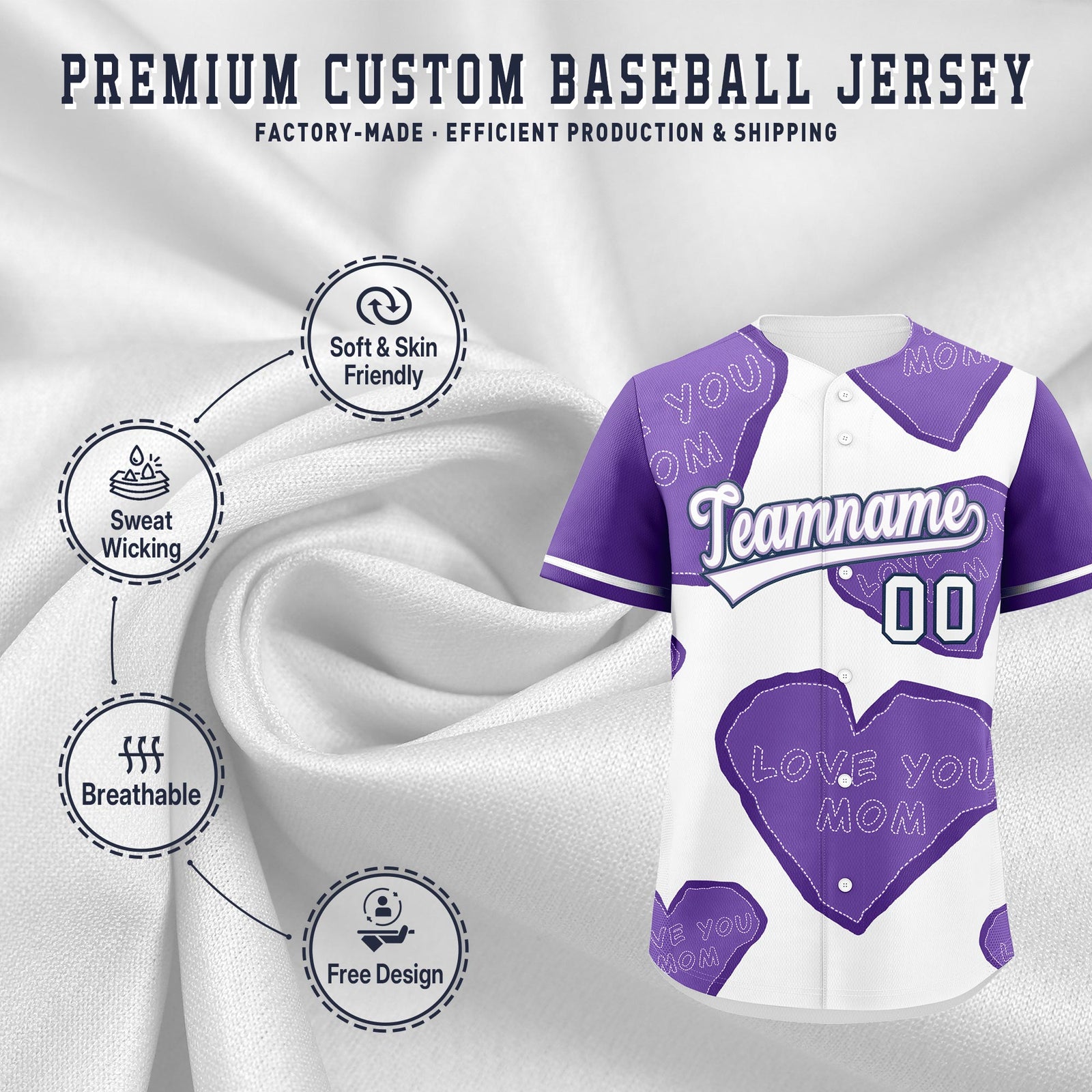 Custom White Midnight Blue Light Purple Mother's Day Style Graffiti Pattern Stretch Fabric Baseball Jersey| KXKSHOP