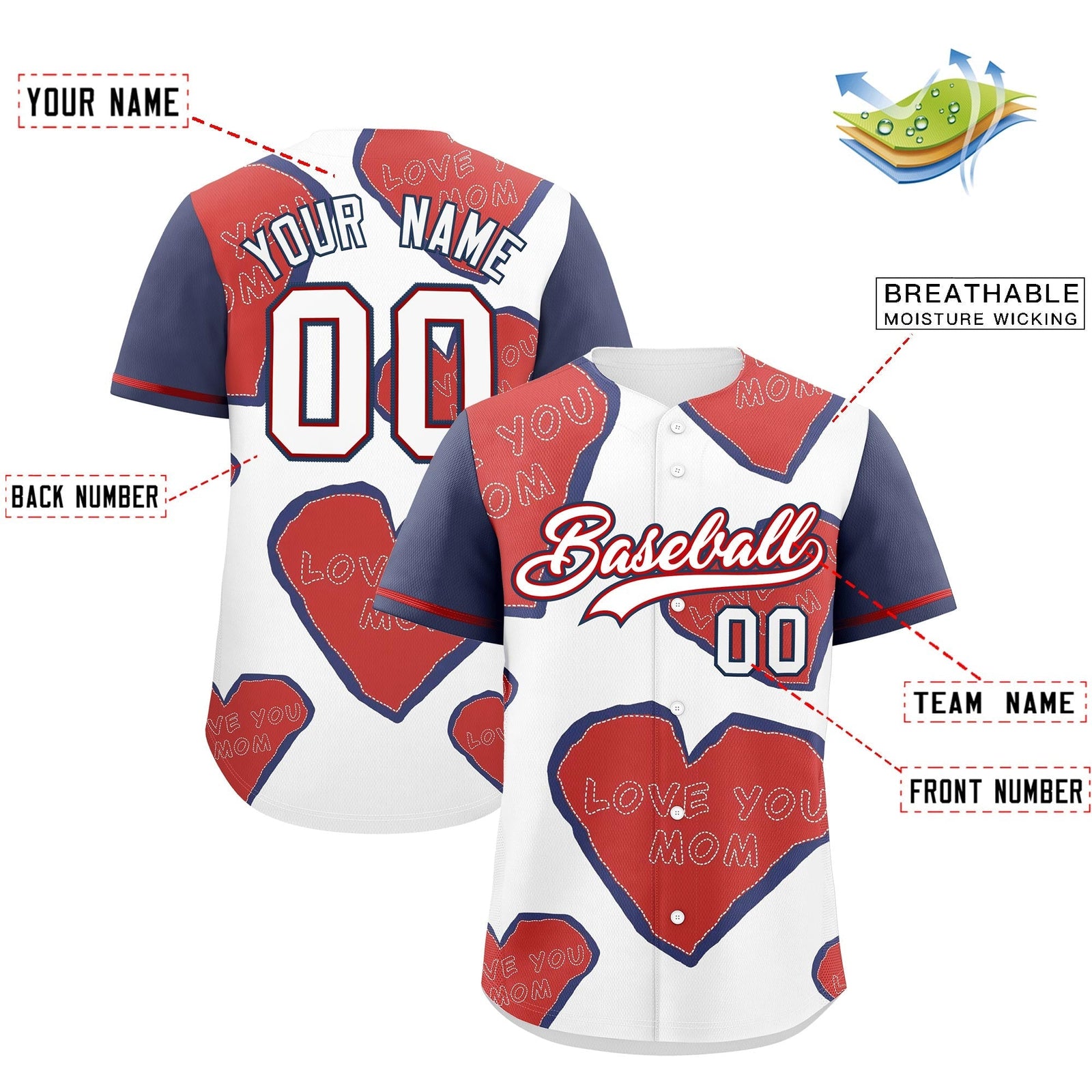 Custom White Red Midnight Blue Mother's Day Style Graffiti Pattern Stretch Fabric Baseball Jersey| KXKSHOP