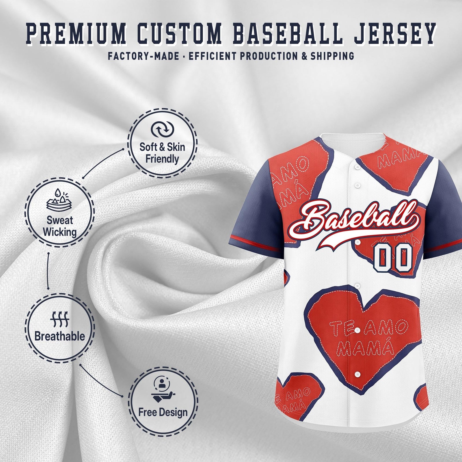 Custom White Red Midnight Blue Mother's Day Style Graffiti Pattern Quick Dry Baseball Jersey| KXKSHOP