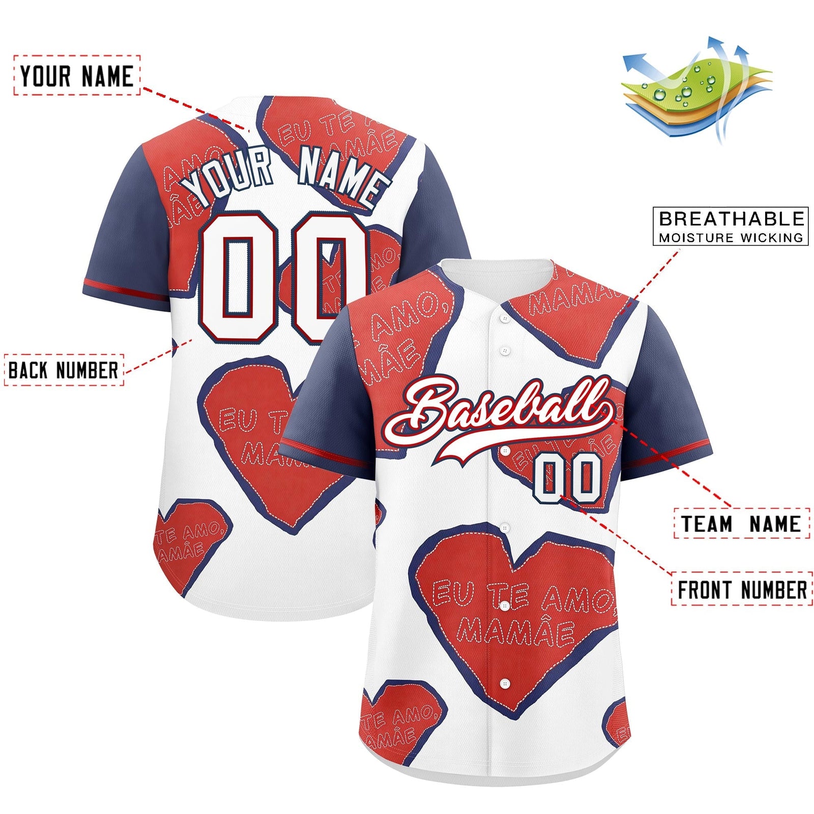 Custom White Red Midnight Blue Mother's Day Style Graffiti Pattern Quick Dry Baseball Jersey| KXKSHOP