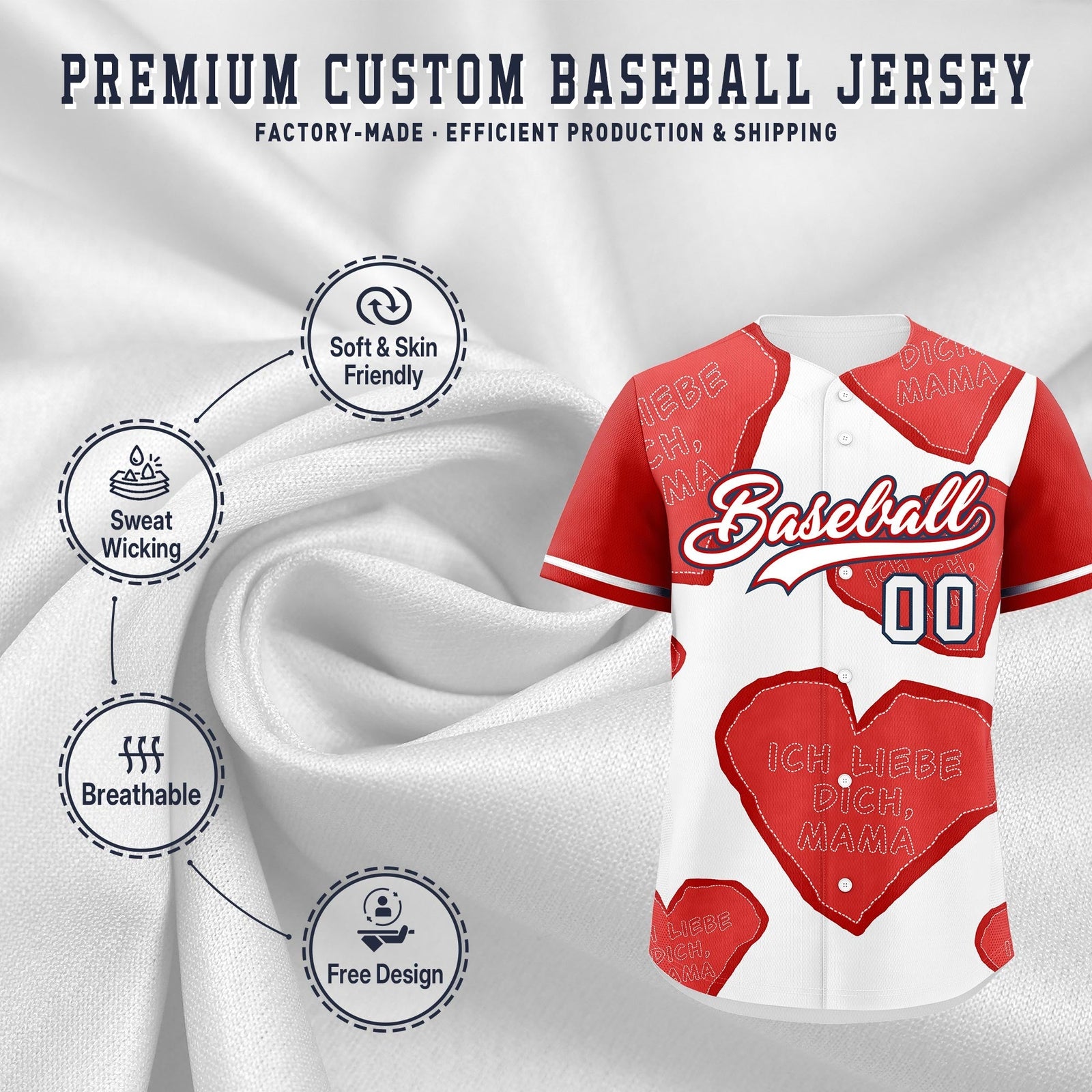 Custom White Red Mother's Day Style Graffiti Pattern Stretch Fabric Baseball Jersey| KXKSHOP