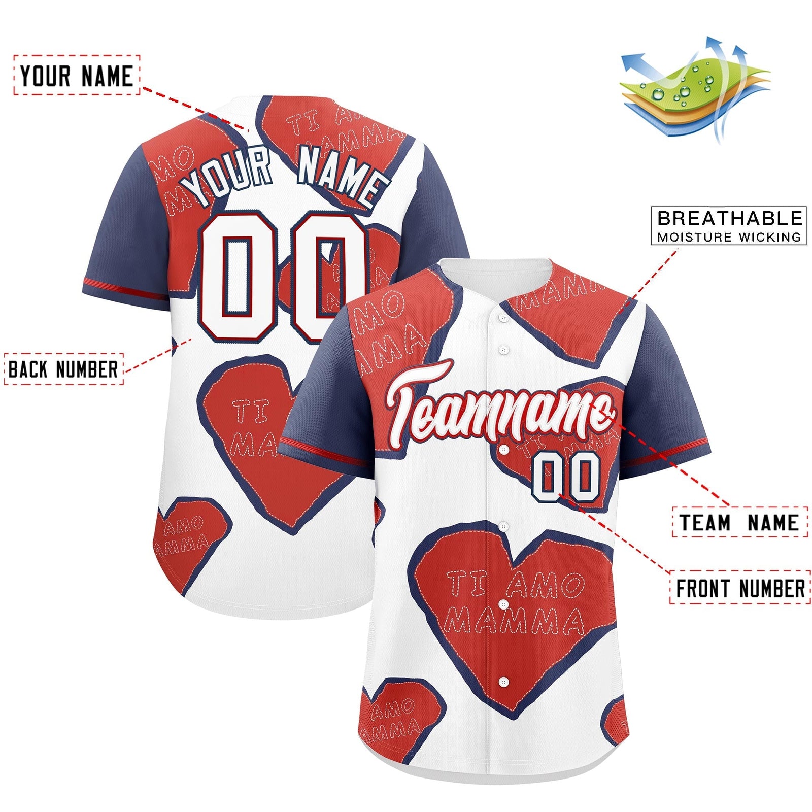 Custom White Red Midnight Blue Mother's Day Style Graffiti Pattern Moisture-Wicking Baseball Jersey| KXKSHOP