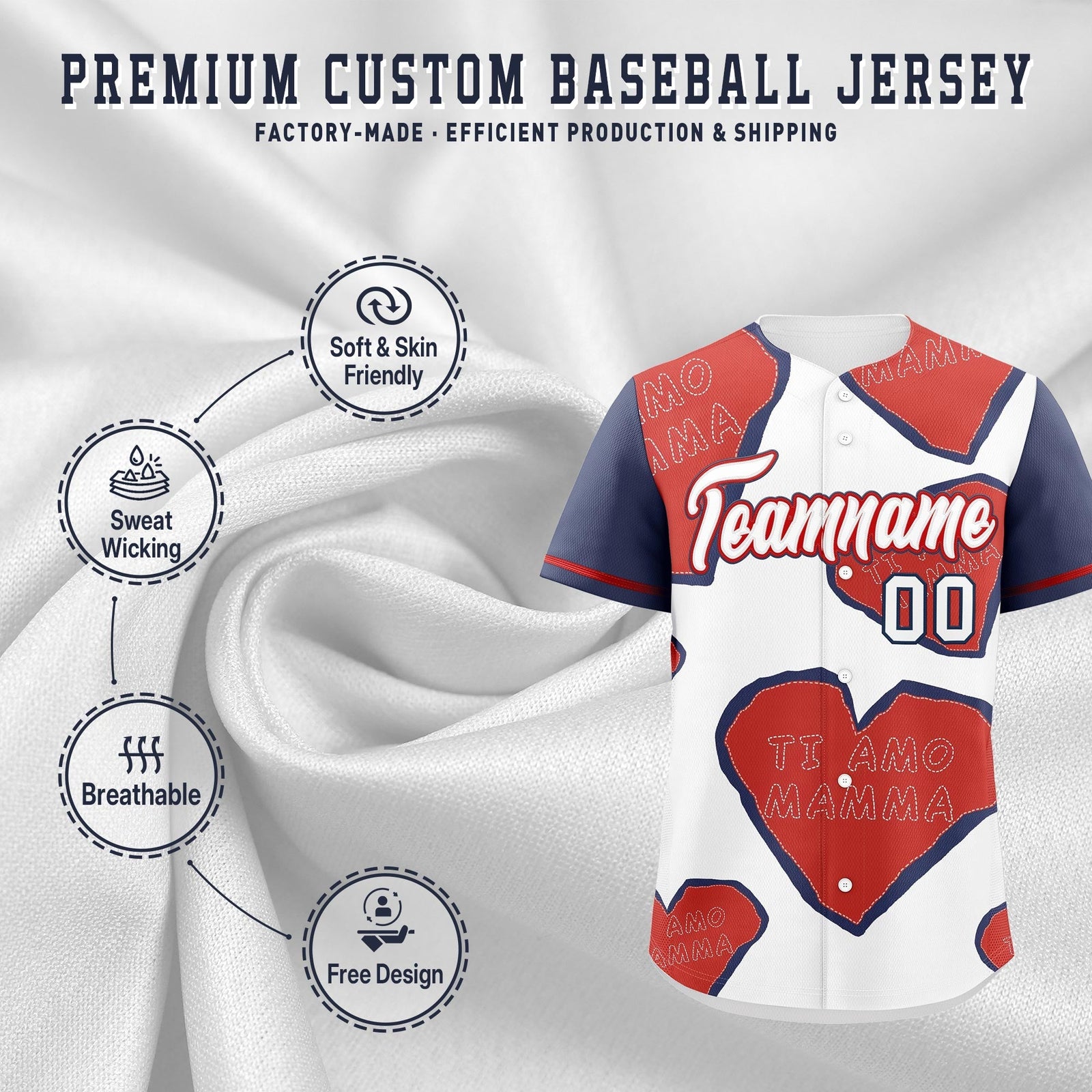 Custom White Red Midnight Blue Mother's Day Style Graffiti Pattern Moisture-Wicking Baseball Jersey| KXKSHOP
