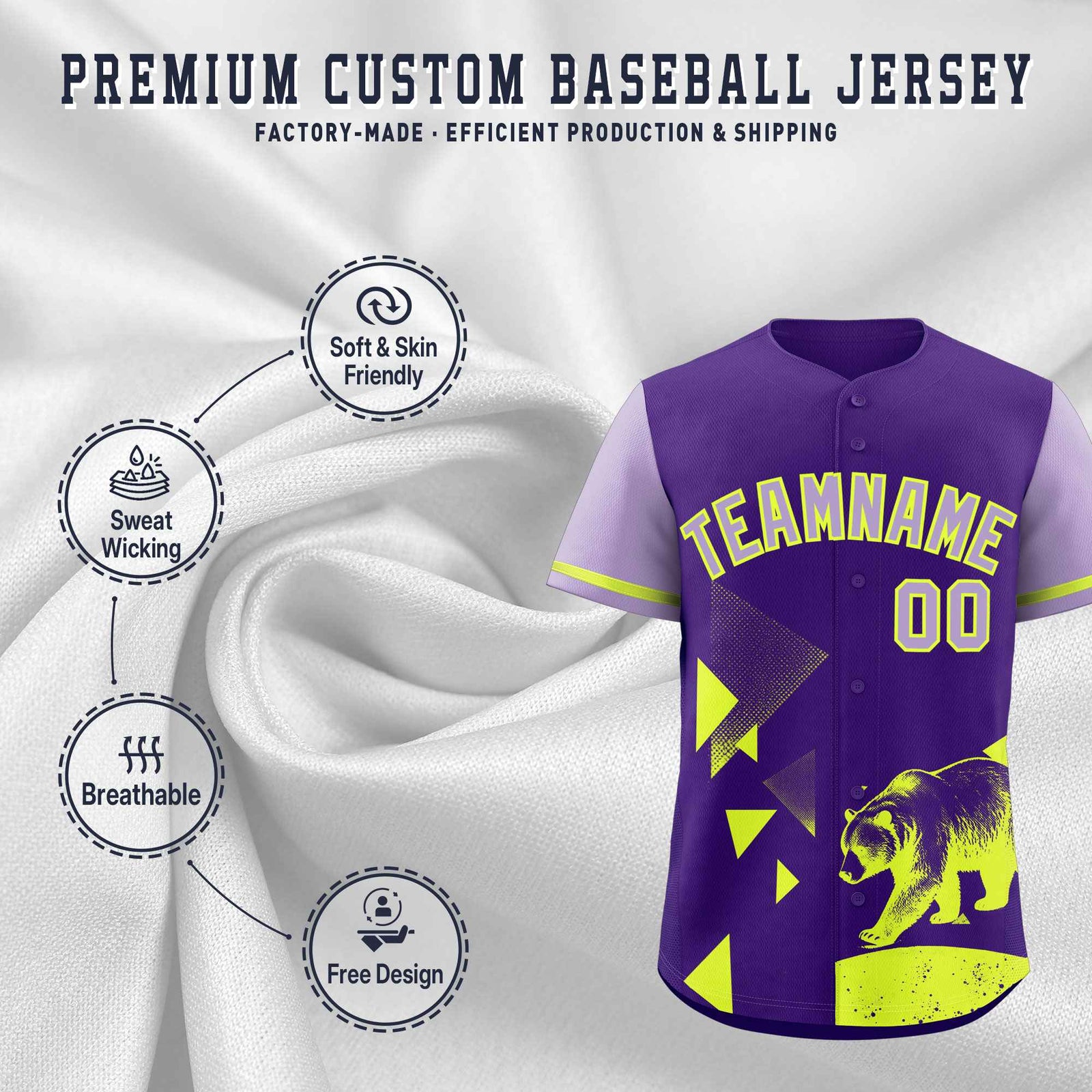 Custom Light Purple Purple Raptor Series Raglan Sleeves Wrinkle-Resistant Baseball Jersey