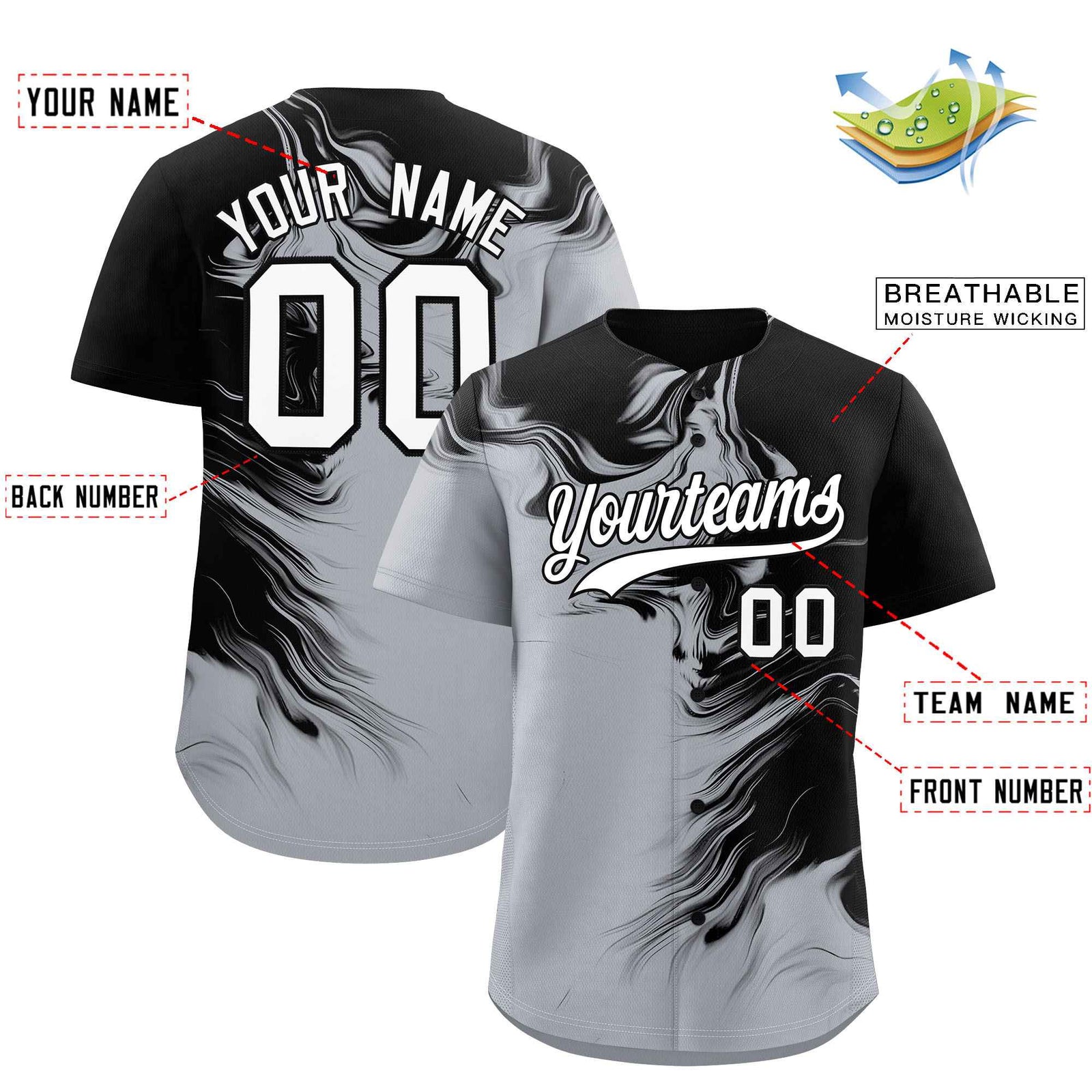 Custom Black Gray Personalized Ink Pattern Authentic Baseball Jersey