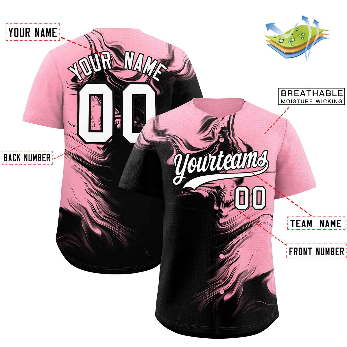 Custom Light Pink Black Personalized Ink Pattern Authentic Baseball Jersey