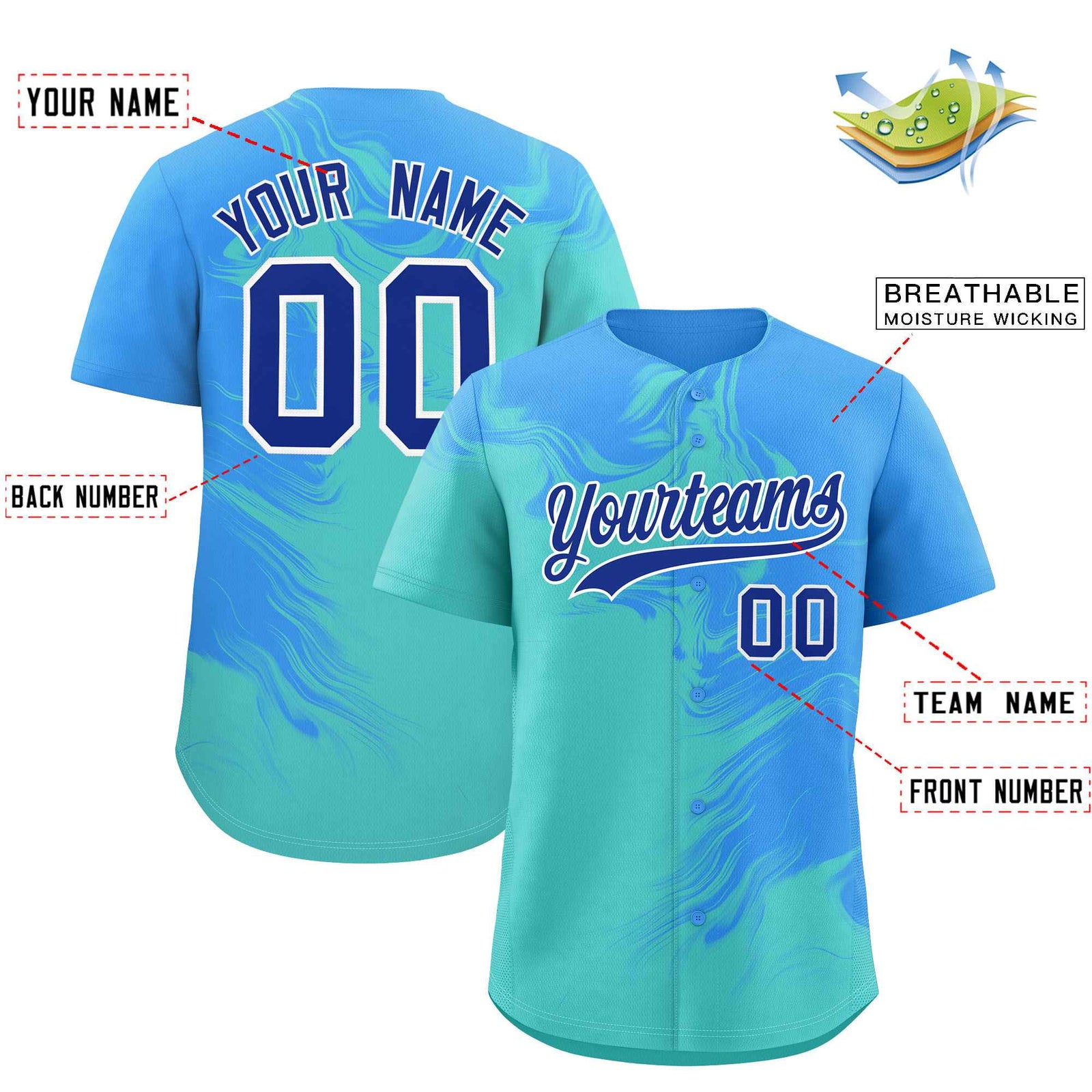Custom Powder Blue Bright Green Personalized Ink Pattern Authentic Baseball Jersey